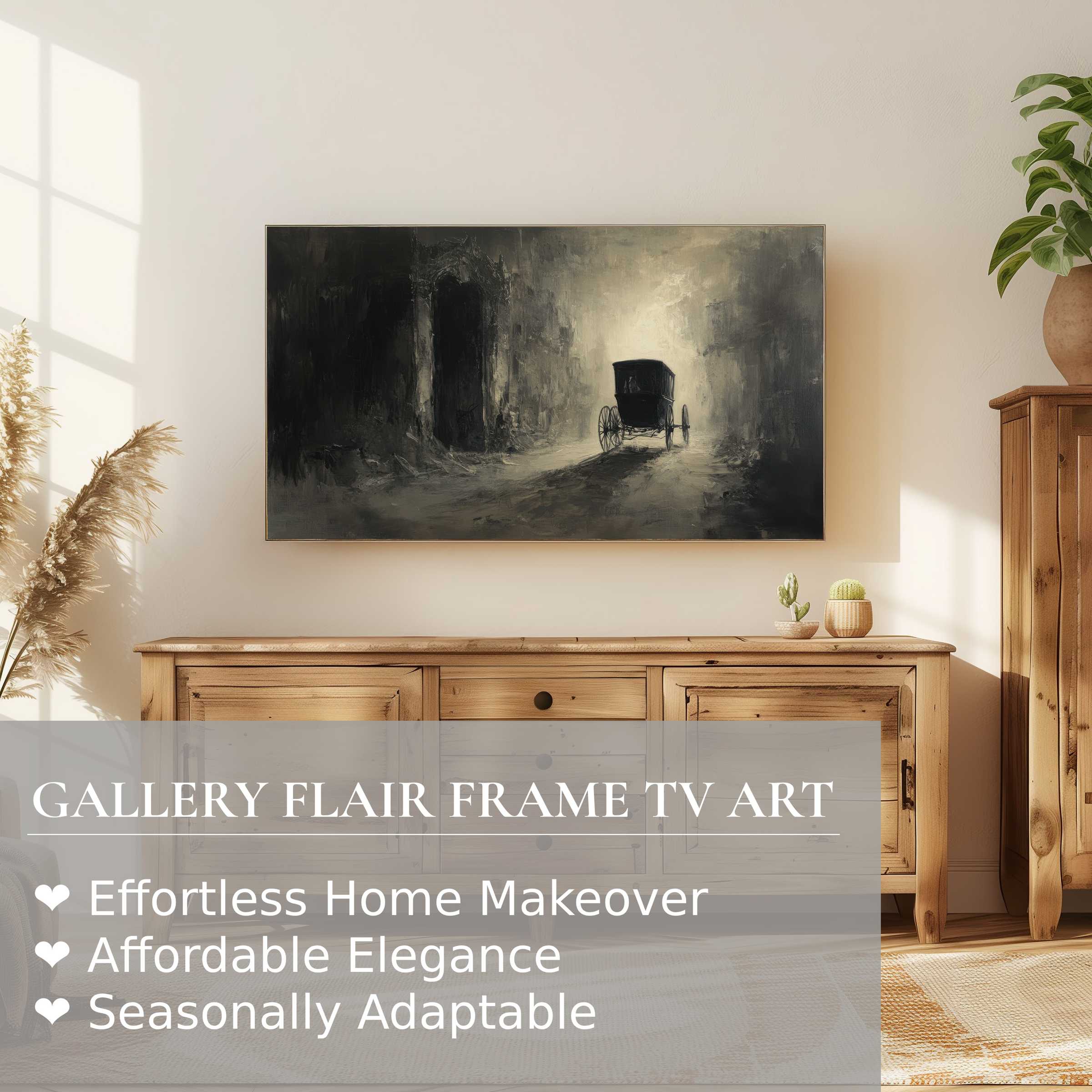 Samsung Frame TV displays moody, minimalist halloween digital artwork in a refined, modern living space with natural wood accents
