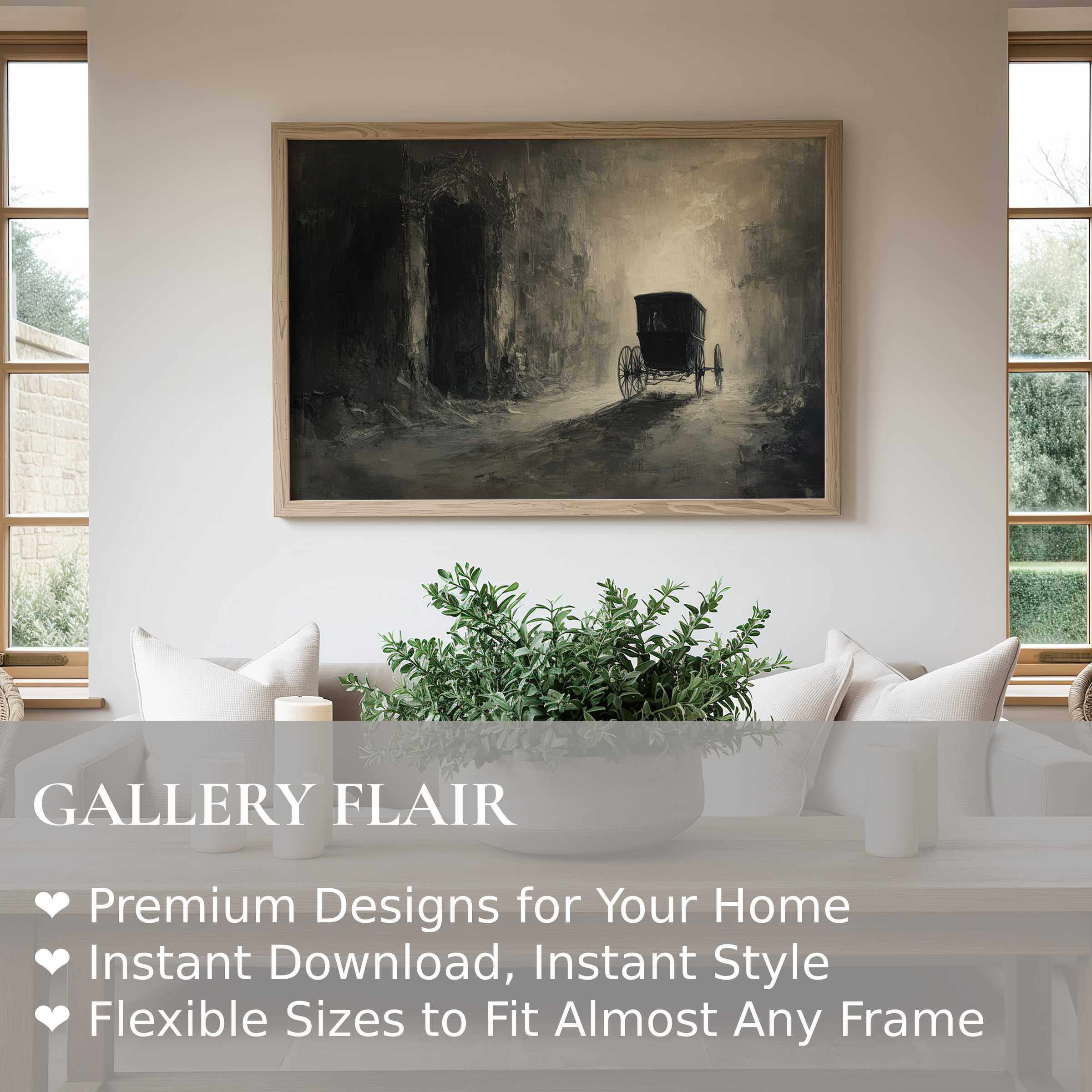 Halloween wall art print featuring a moody, vintage carriage in a foggy gothic setting, enriching modern minimalist interiors