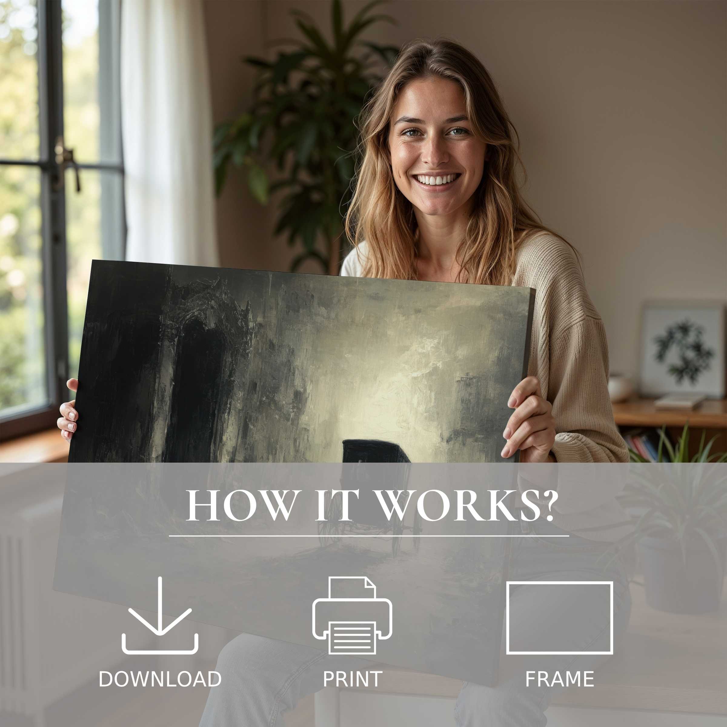 A serene moment revealing the joy of living with a Halloween digital art print in a chic, light-filled modern home