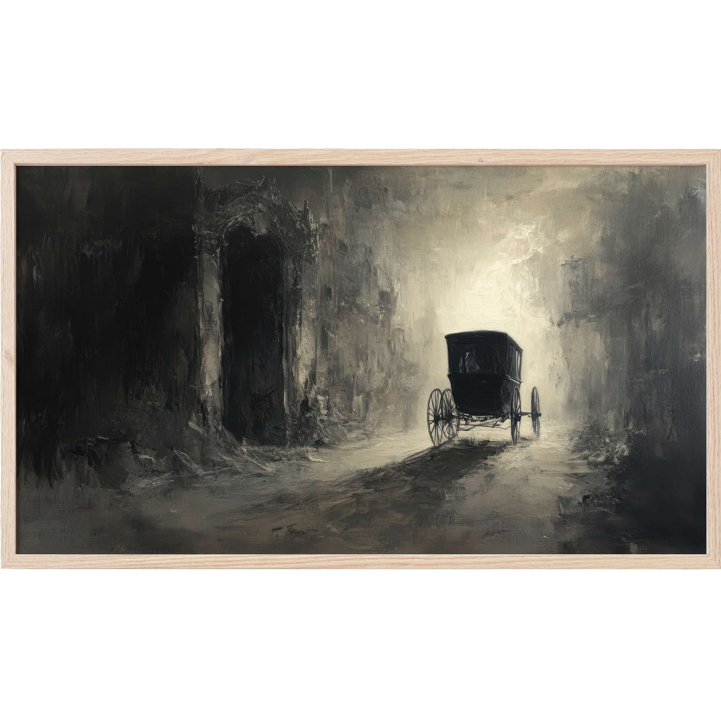 Moody grayscale carriage emerging from misty darkness, evoking mystery and elegance in halloween Frame TV Art