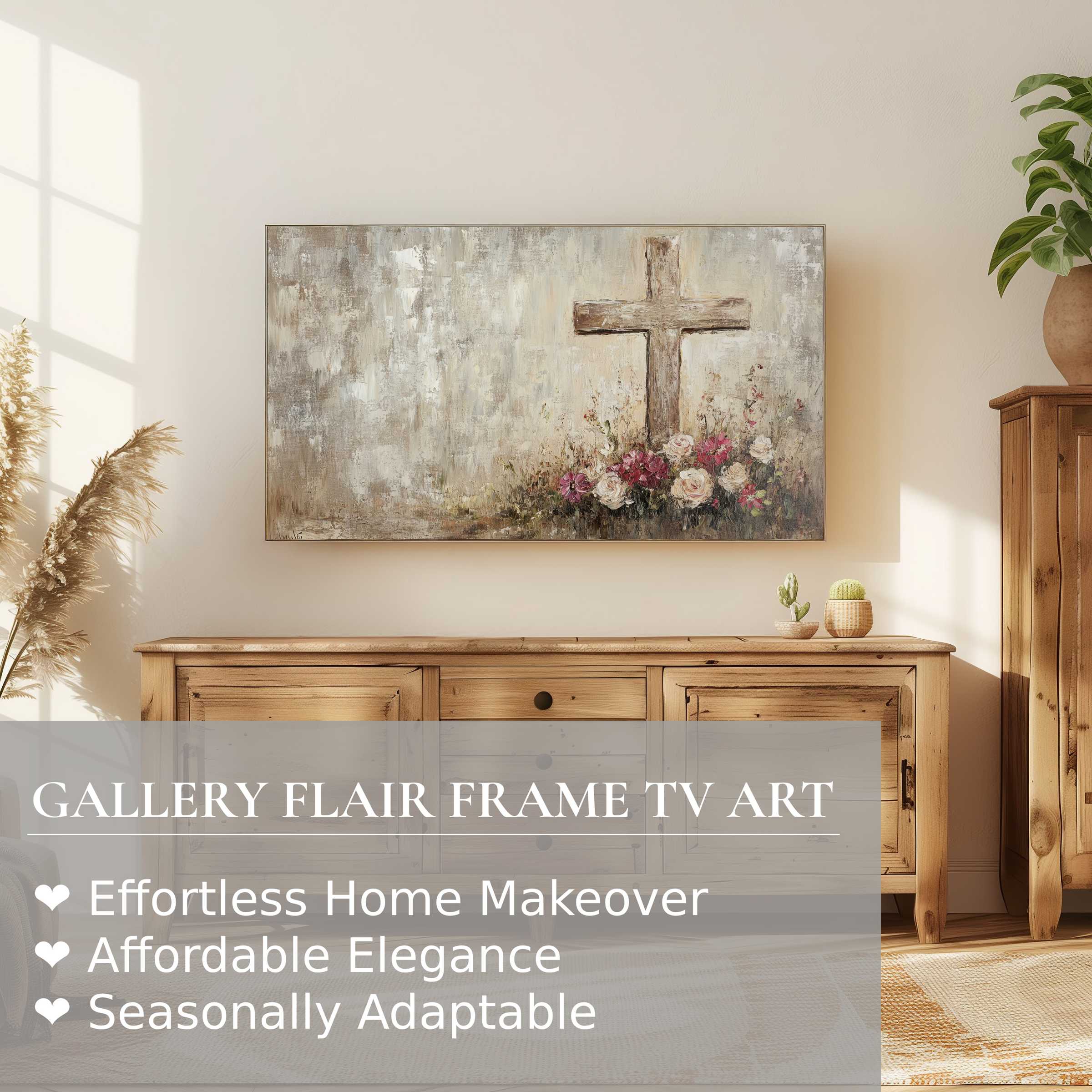Samsung Frame TV displays elegant easter digital artwork with soft florals and rustic cross in a refined living space