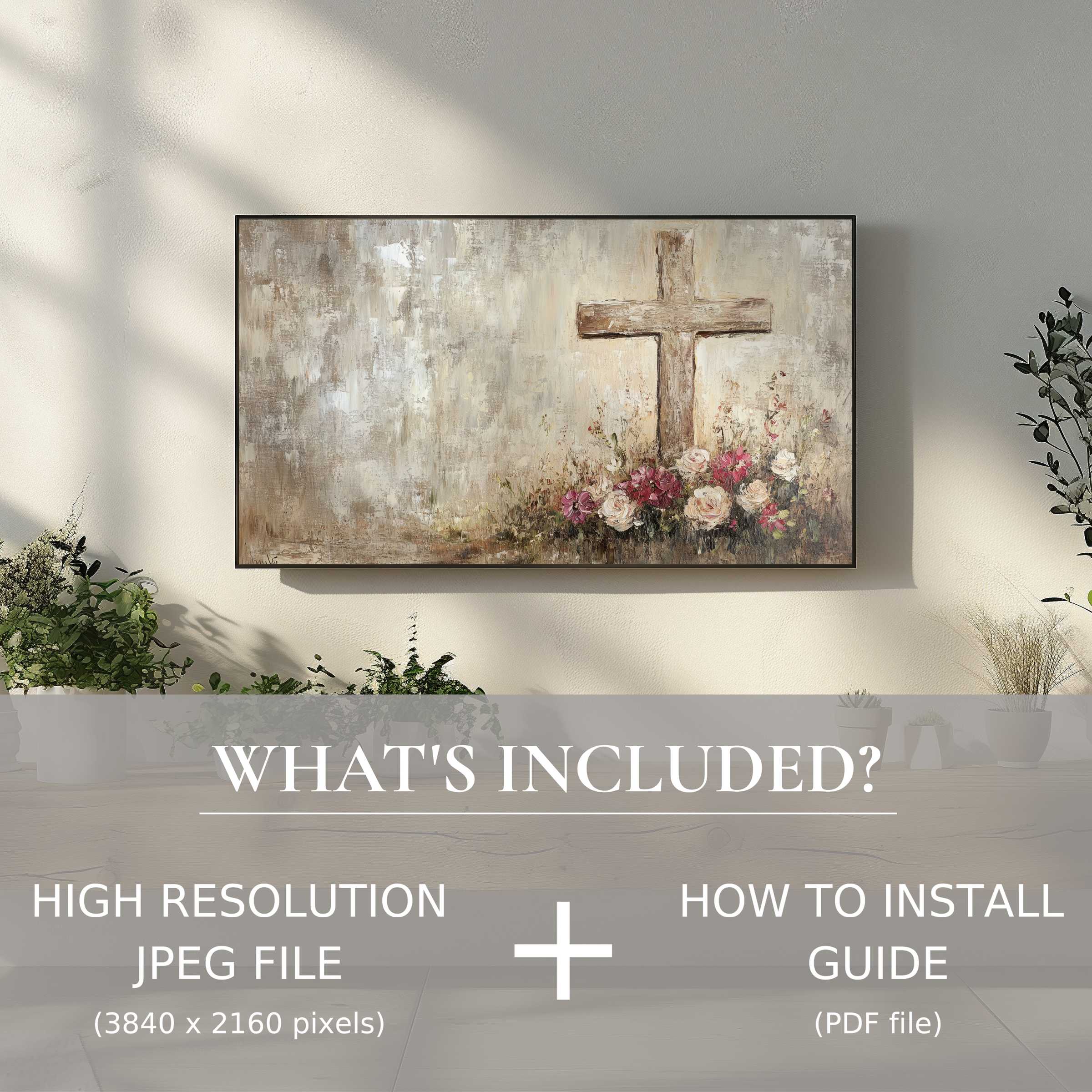 Elegant living room with easter digital TV art download, easy digital use enhances serene, stylish space