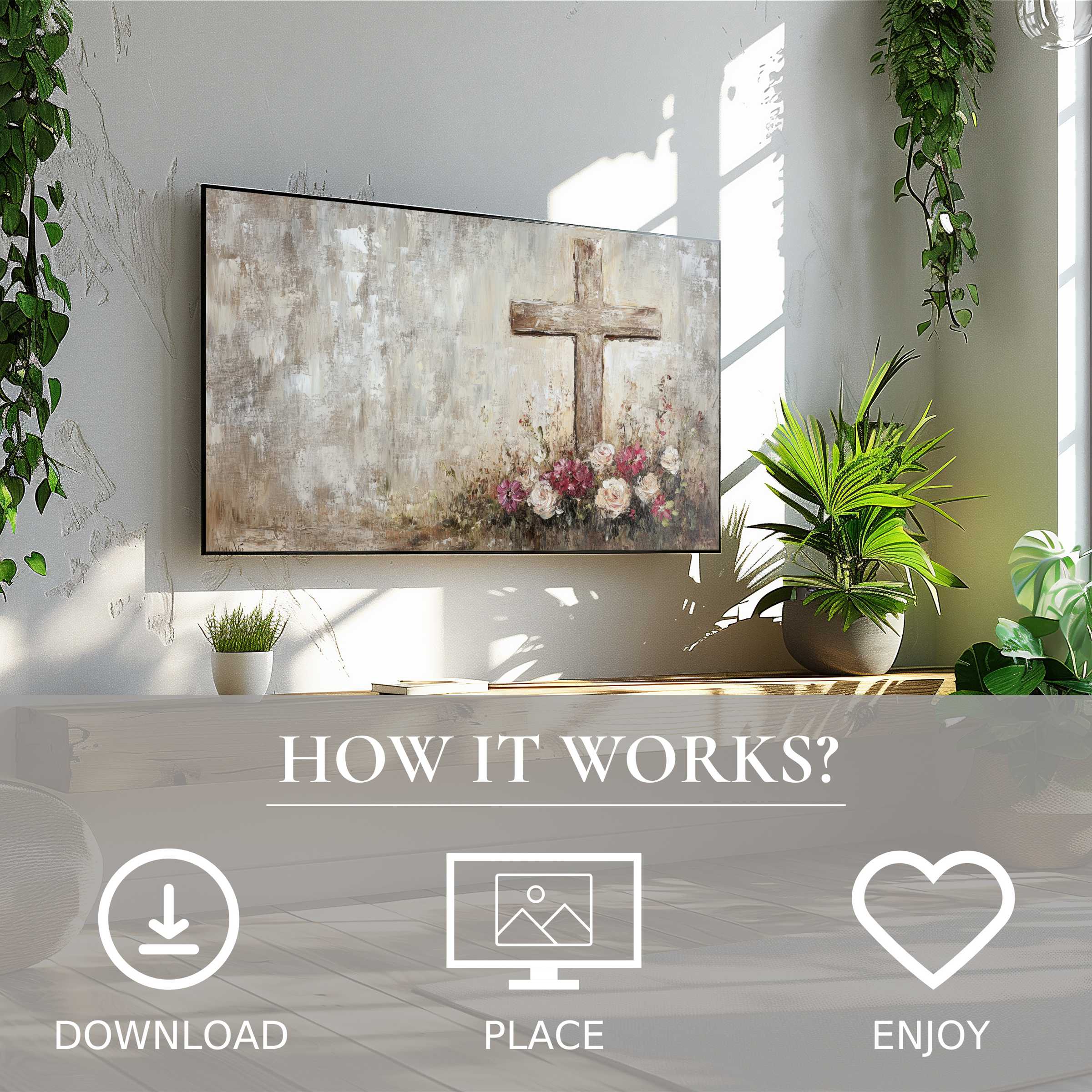 Modern living room with easter art for Samsung TV; warm earthy cross, floral motif, easy digital download decor