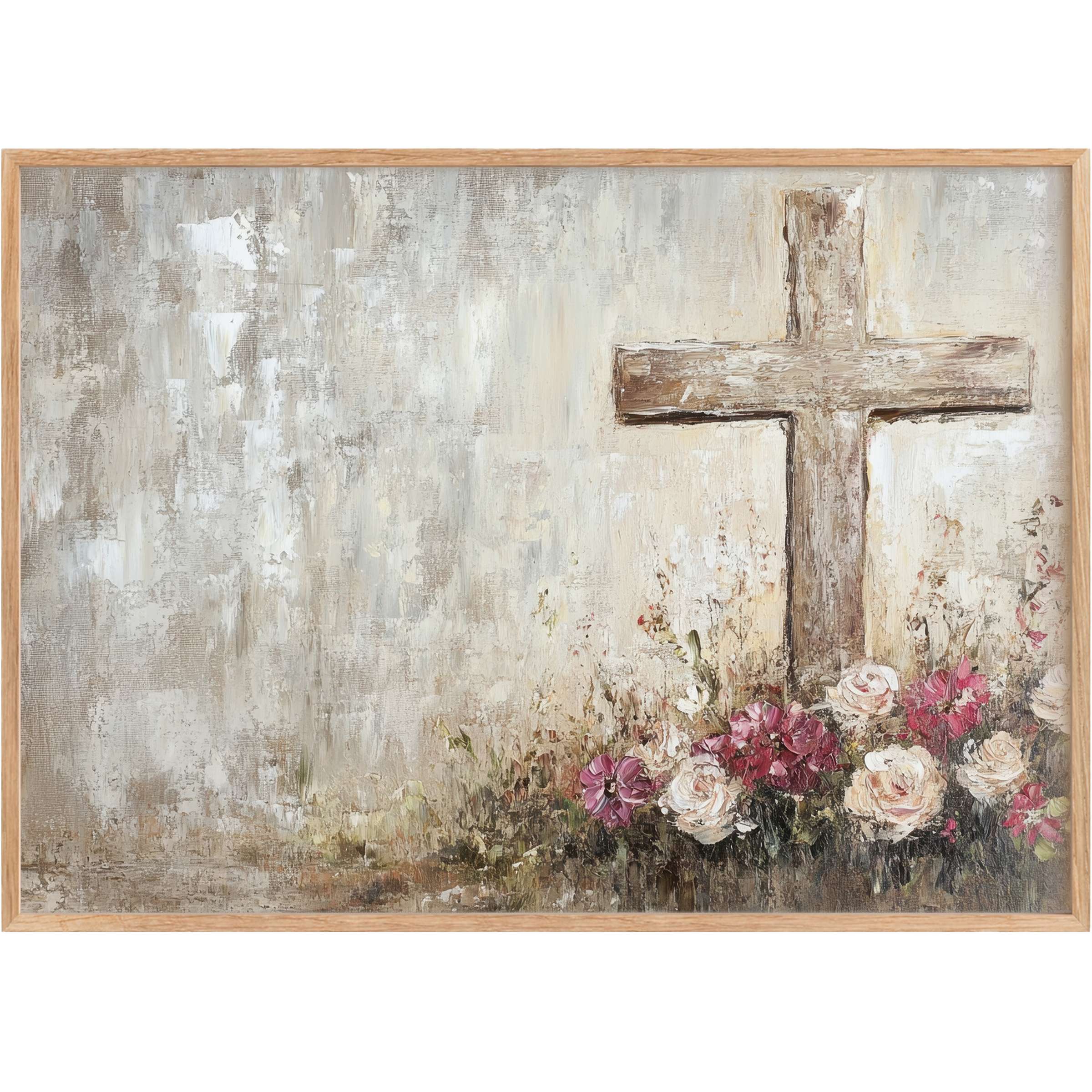 Rustic easter printable wall art with a serene wooden cross and soft pink blooms, evoking calm and timeless elegance
