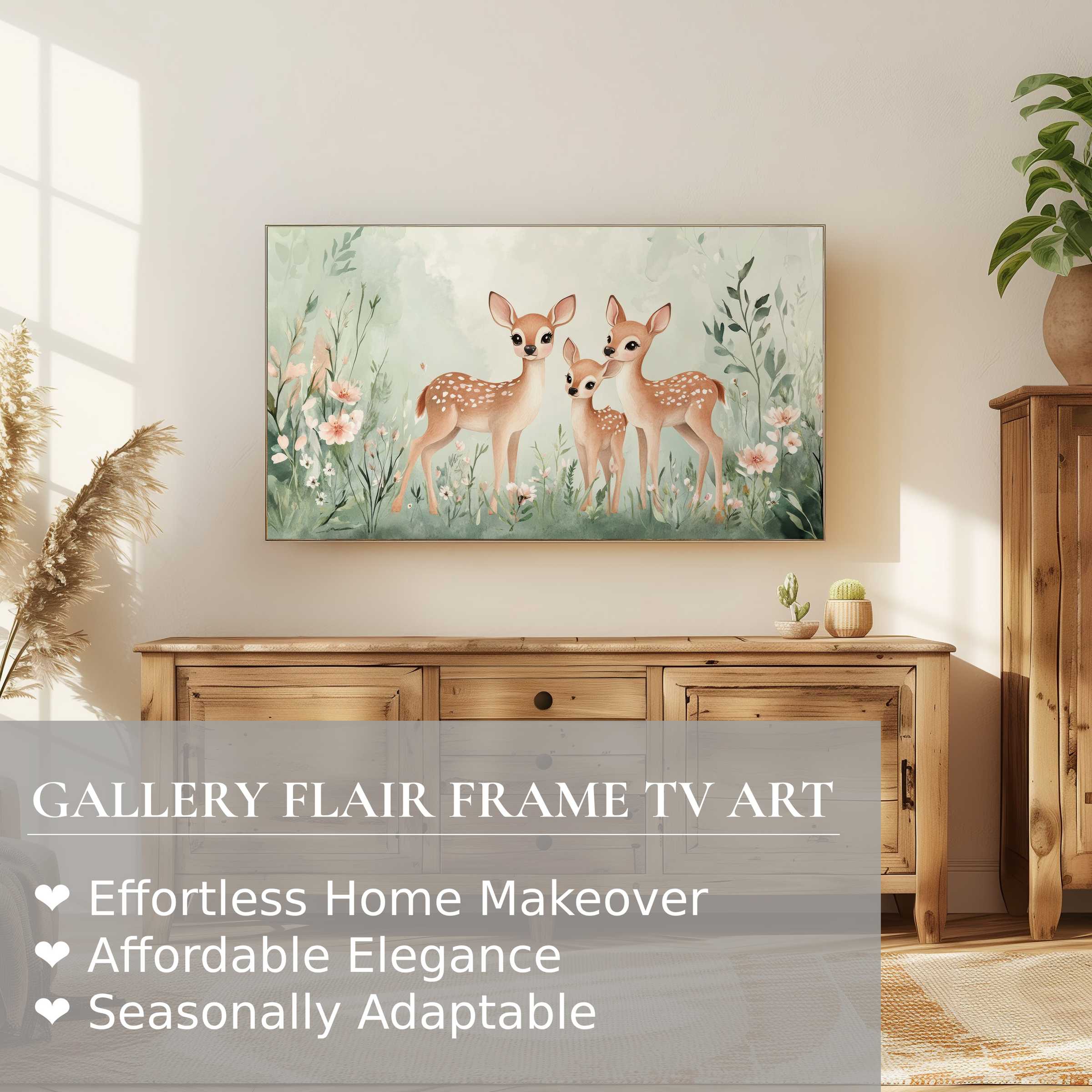 Elegant nursery digital artwork of deer in soft pastels displayed on Samsung Frame TV in warm, modern home setting