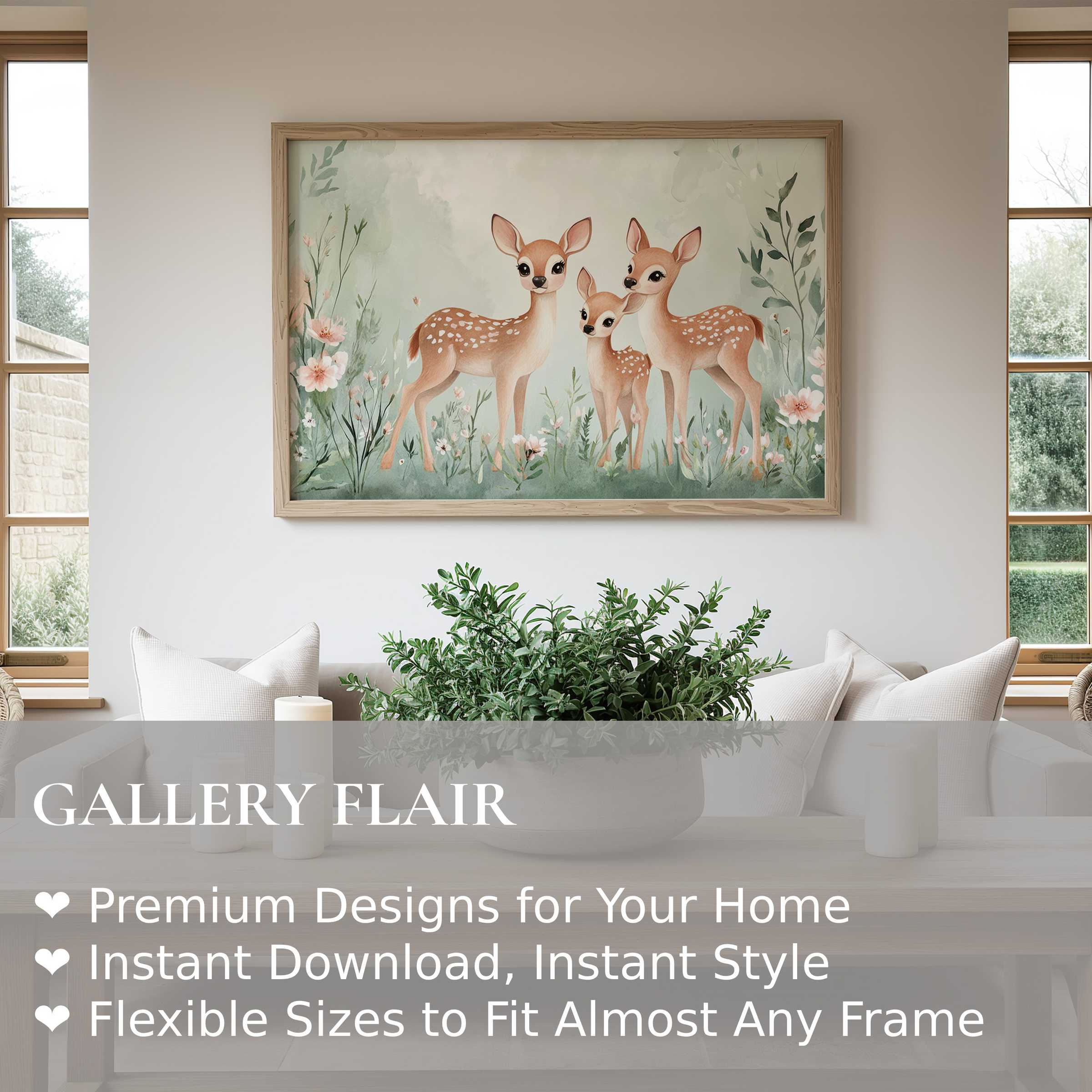 Nursery wall art print featuring a serene trio of fawns in soft pastels, enhancing calming, modern woodland nursery decor