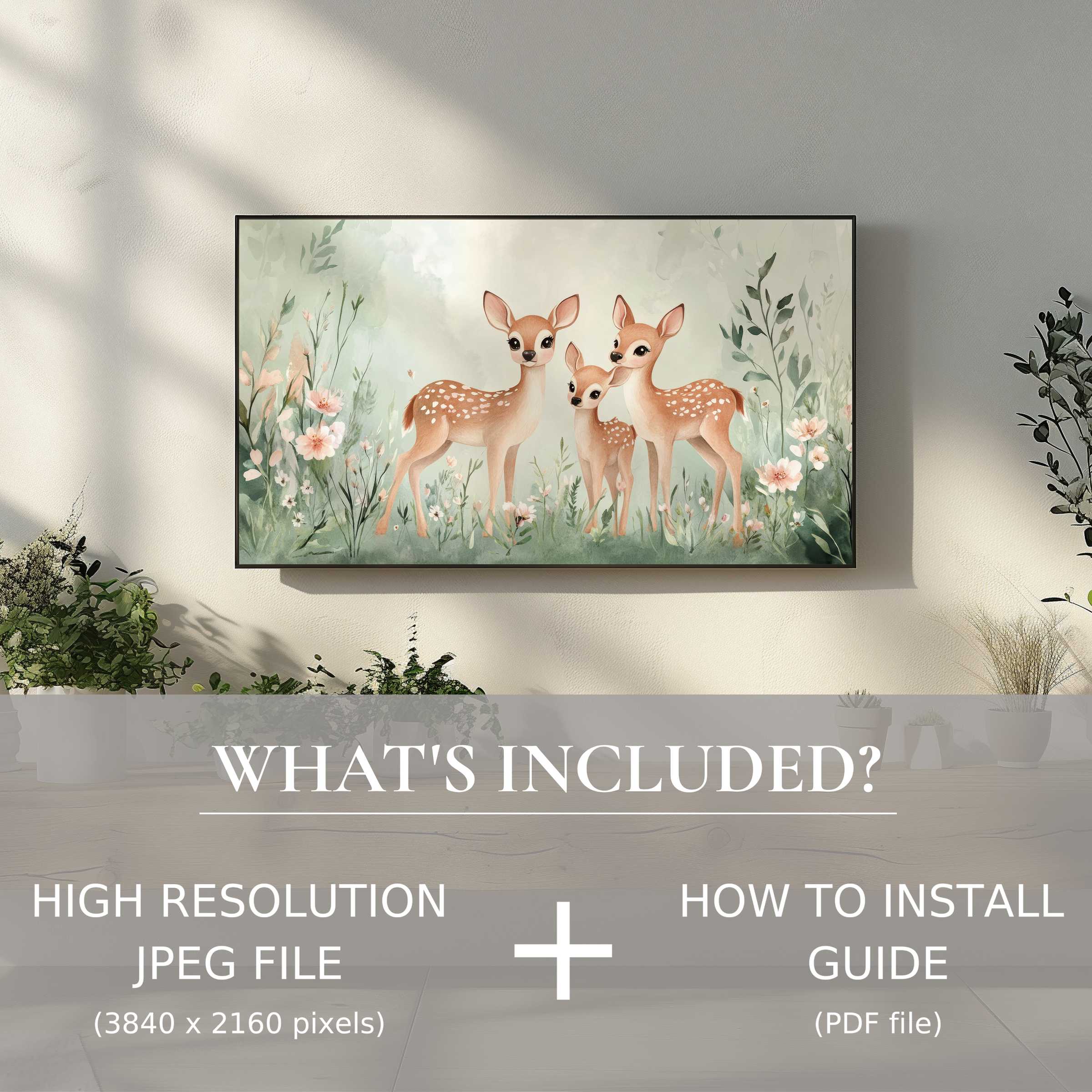 Elegant nursery digital TV art download featuring charming deer; easy digital use to elevate your stylish living space