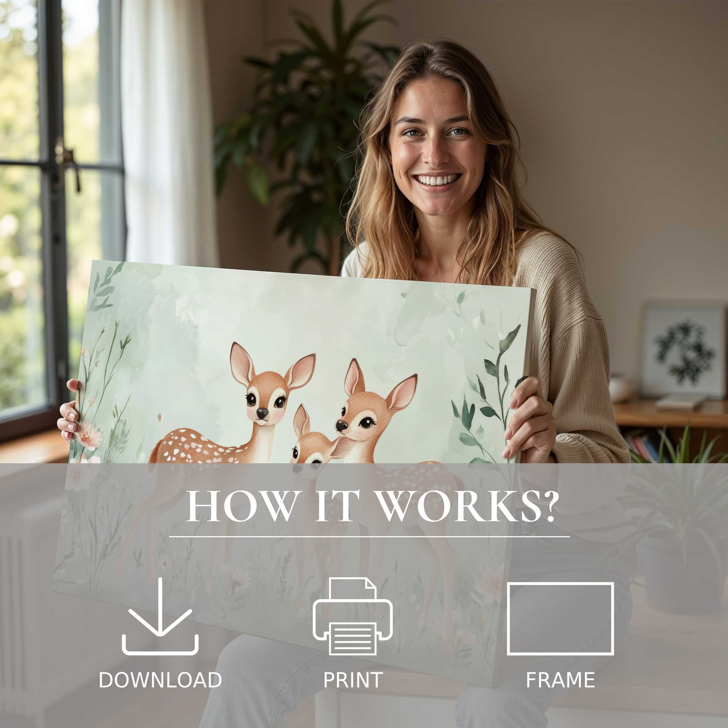 A serene moment of joy with a nursery digital art print, blending gentle tones and effortless elegance in stylish home living