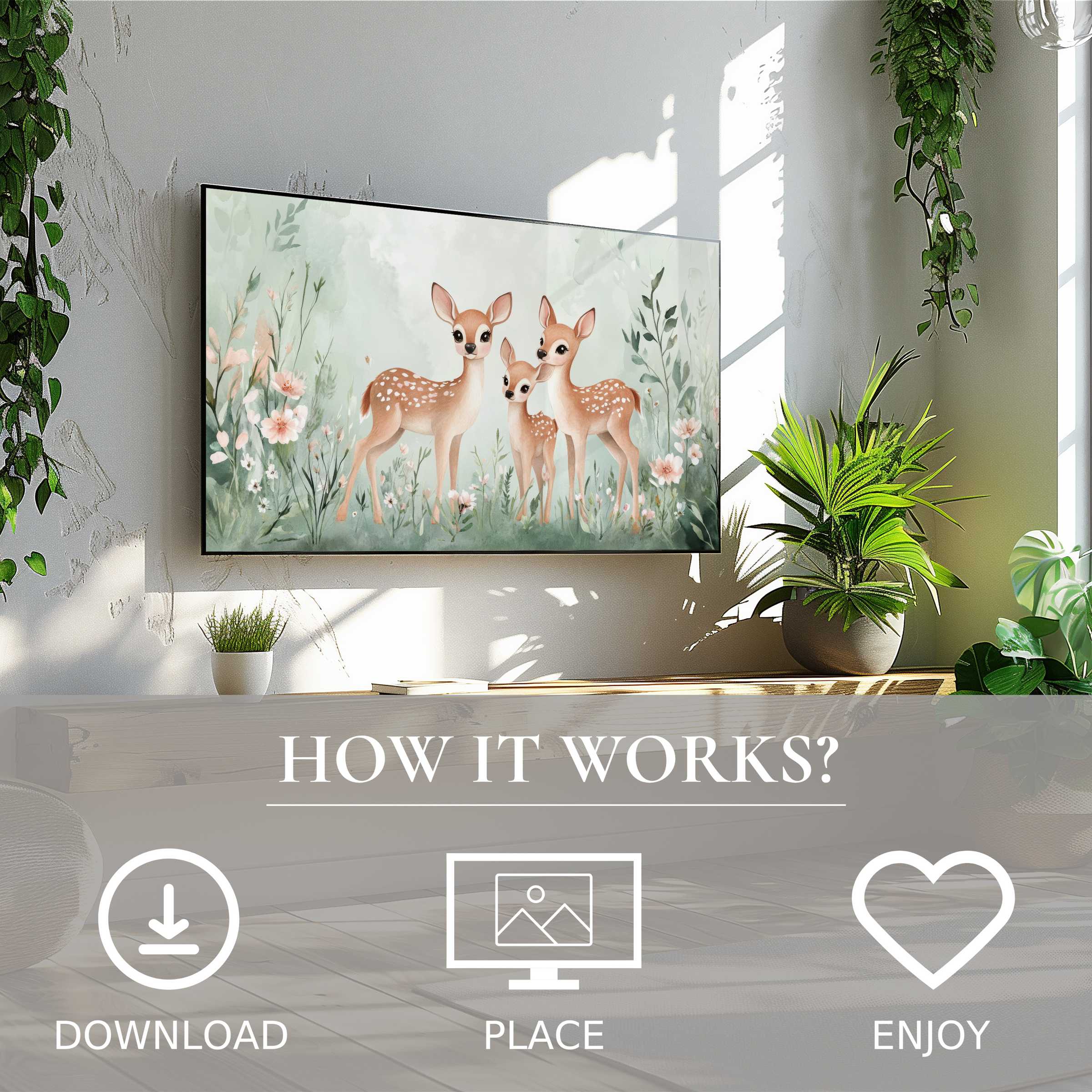 Nursery art for Samsung TV showing soft pastel deer motif, easy digital download enriching bright, green-accented living spaces