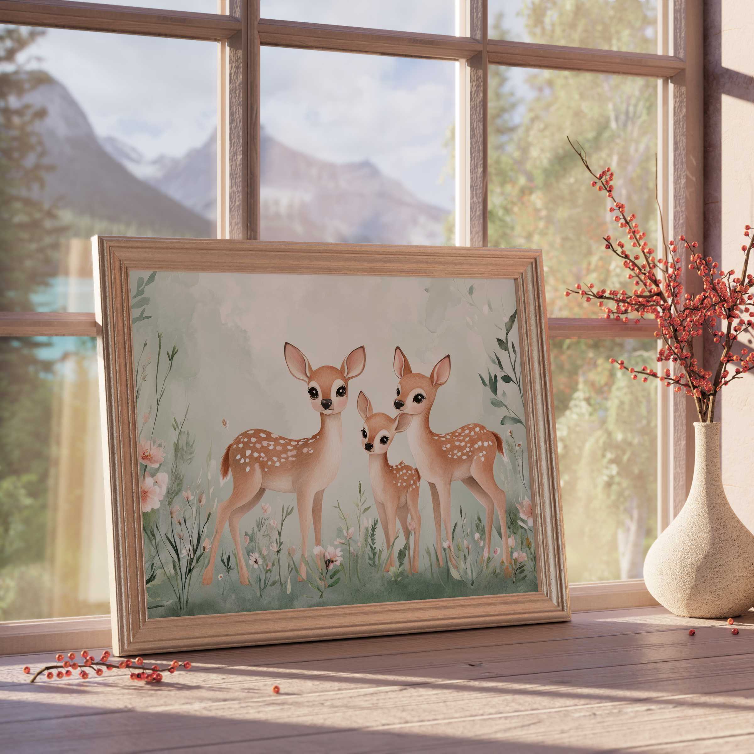 Nursery downloadable art featuring tender fawn trio in soft florals, enriching tranquil, design-forward nurseries with warm, curated charm
