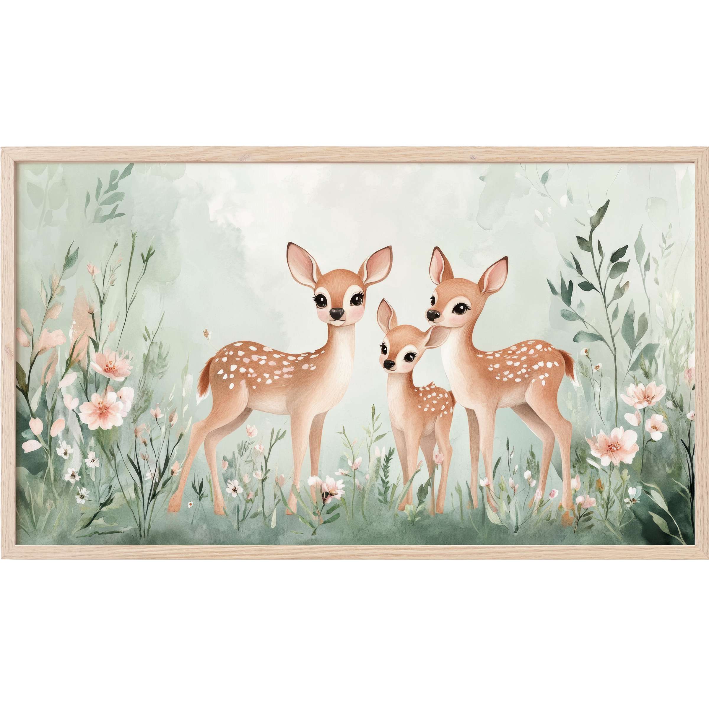 Soft pastel nursery Frame TV Art with delicate deer and floral motifs in an elegant, modern watercolor style