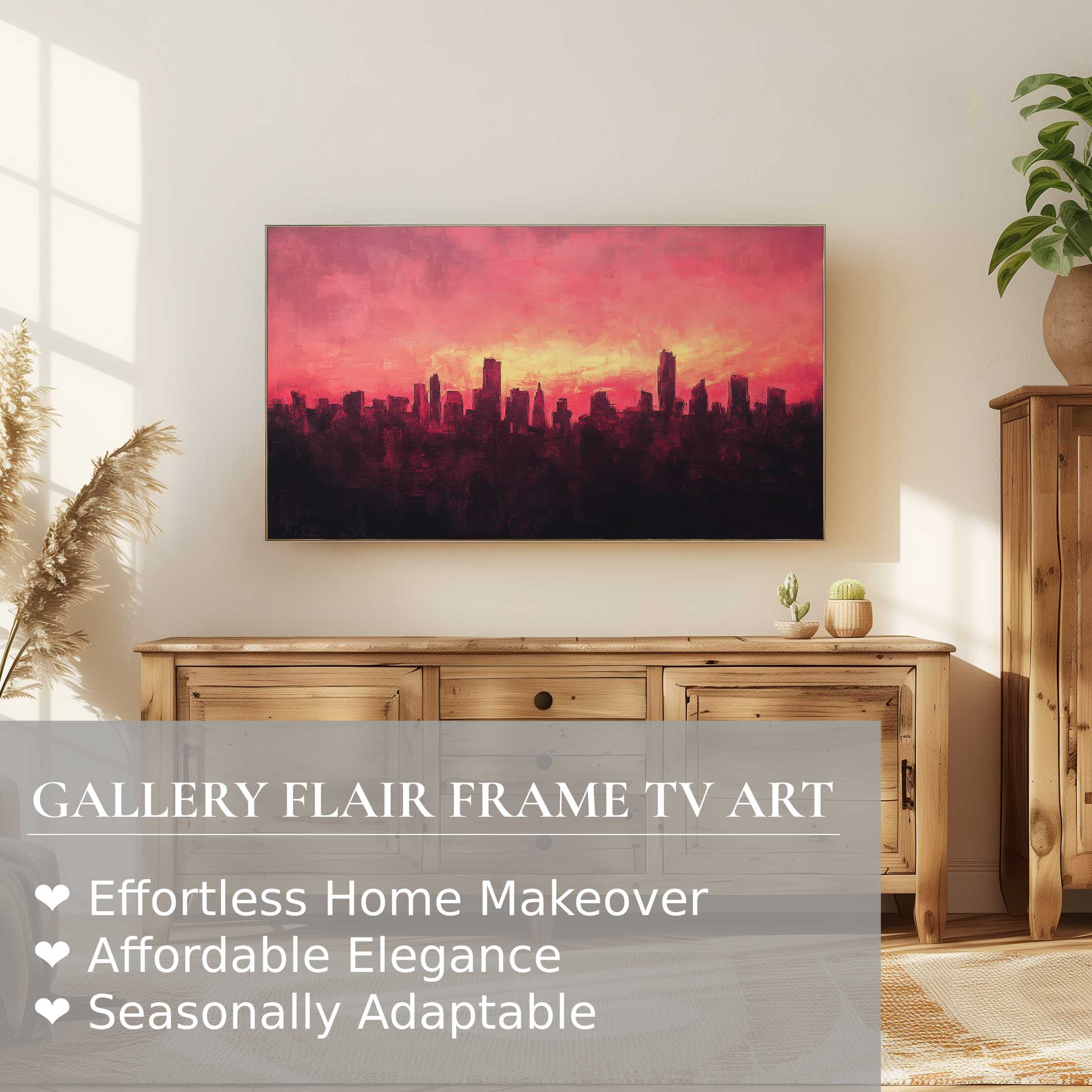 Samsung Frame TV displaying elegant urban digital artwork with a vibrant sunset cityscape in a modern, warm setting
