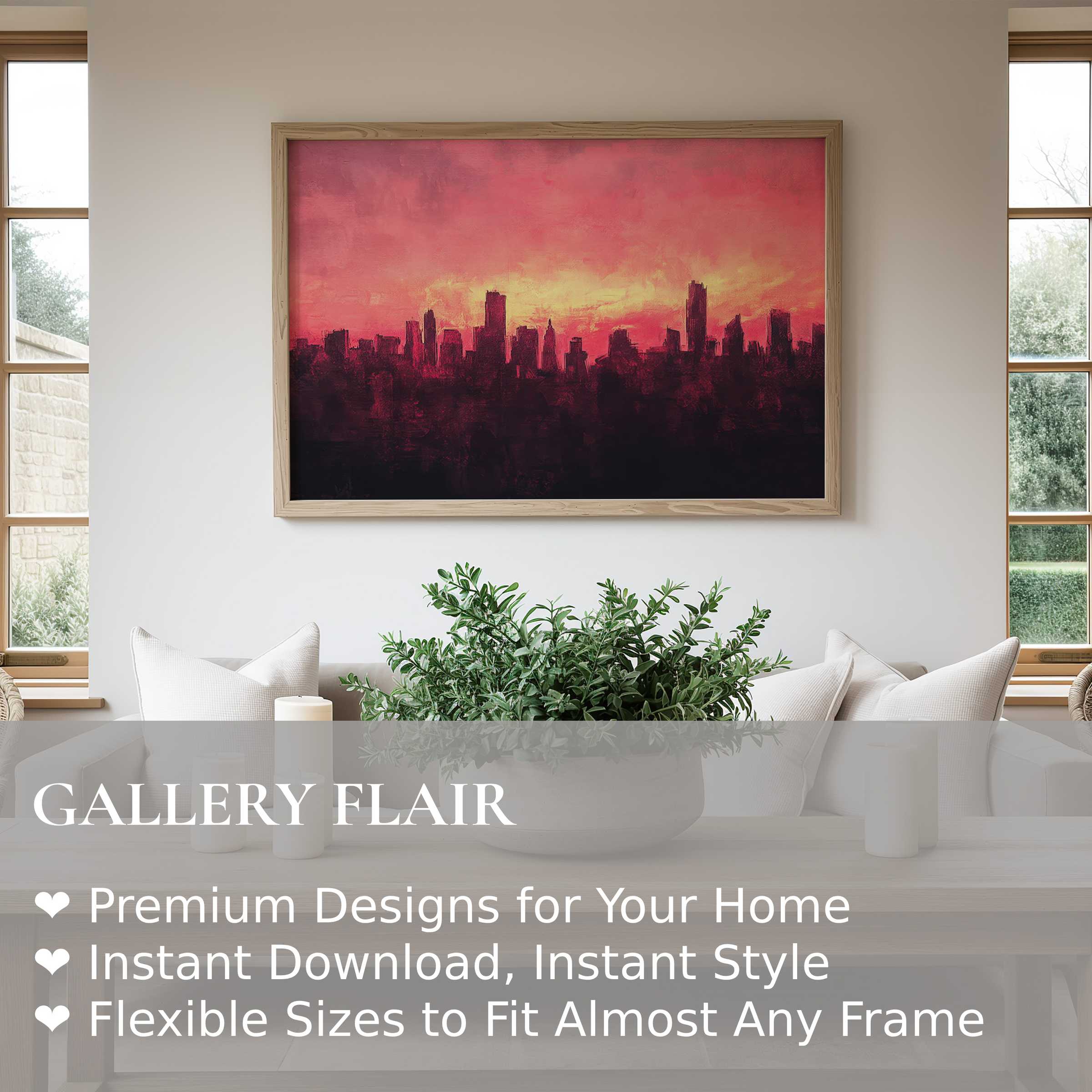 Urban art wall art print featuring a radiant sunset city skyline in warm reds, perfect for elevating modern minimalist interiors with bold, inspiring ambiance