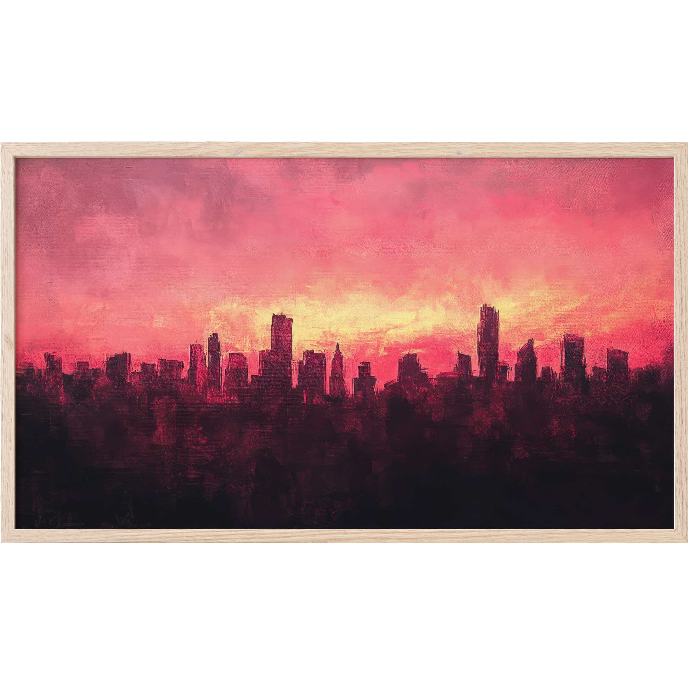 Urban skyline silhouette in deep purples and vibrant pinks at sunset, a striking urban Frame TV Art piece