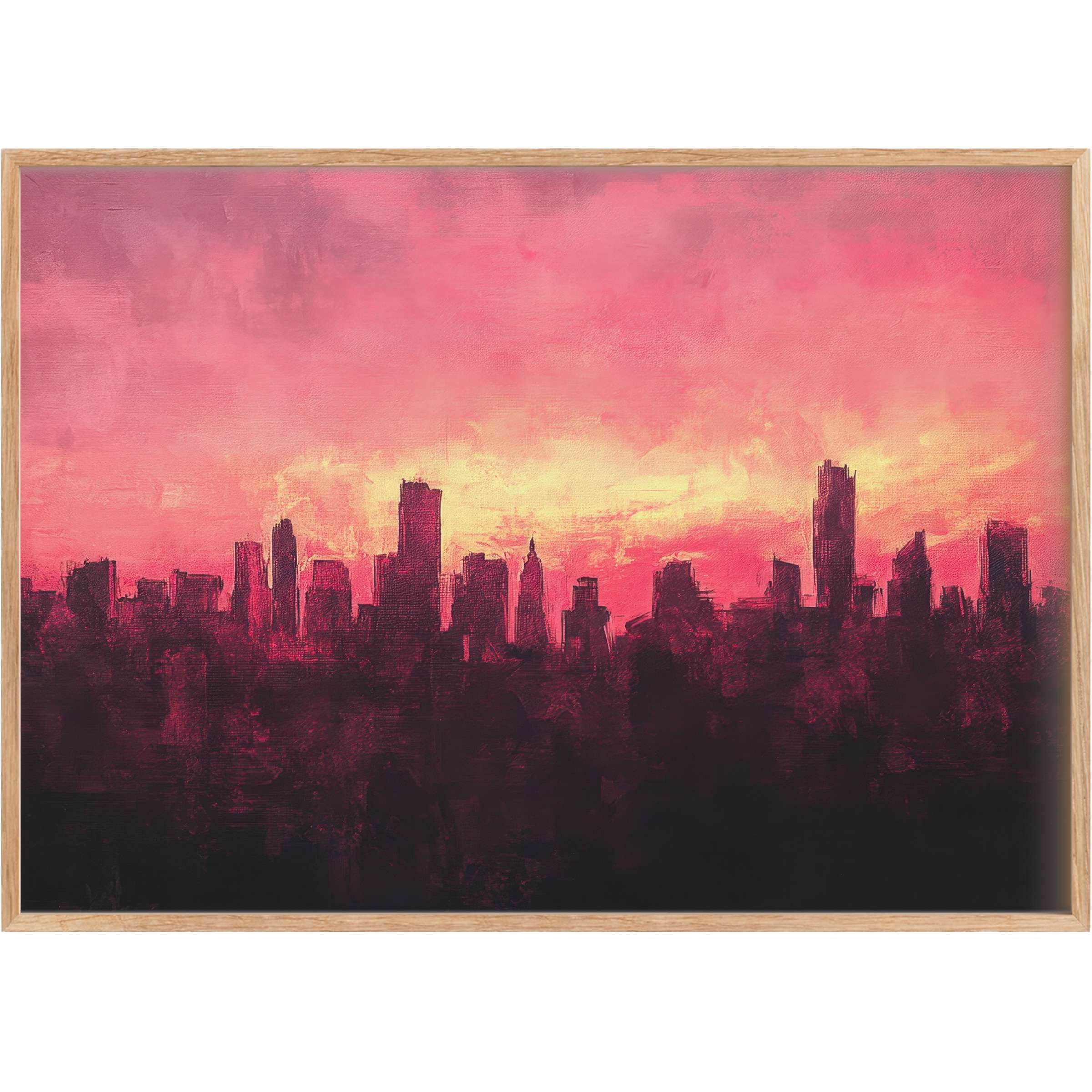 Bold urban printable wall art features a radiant city skyline at sunset, blending deep crimsons with warm golds for a captivating ambiance