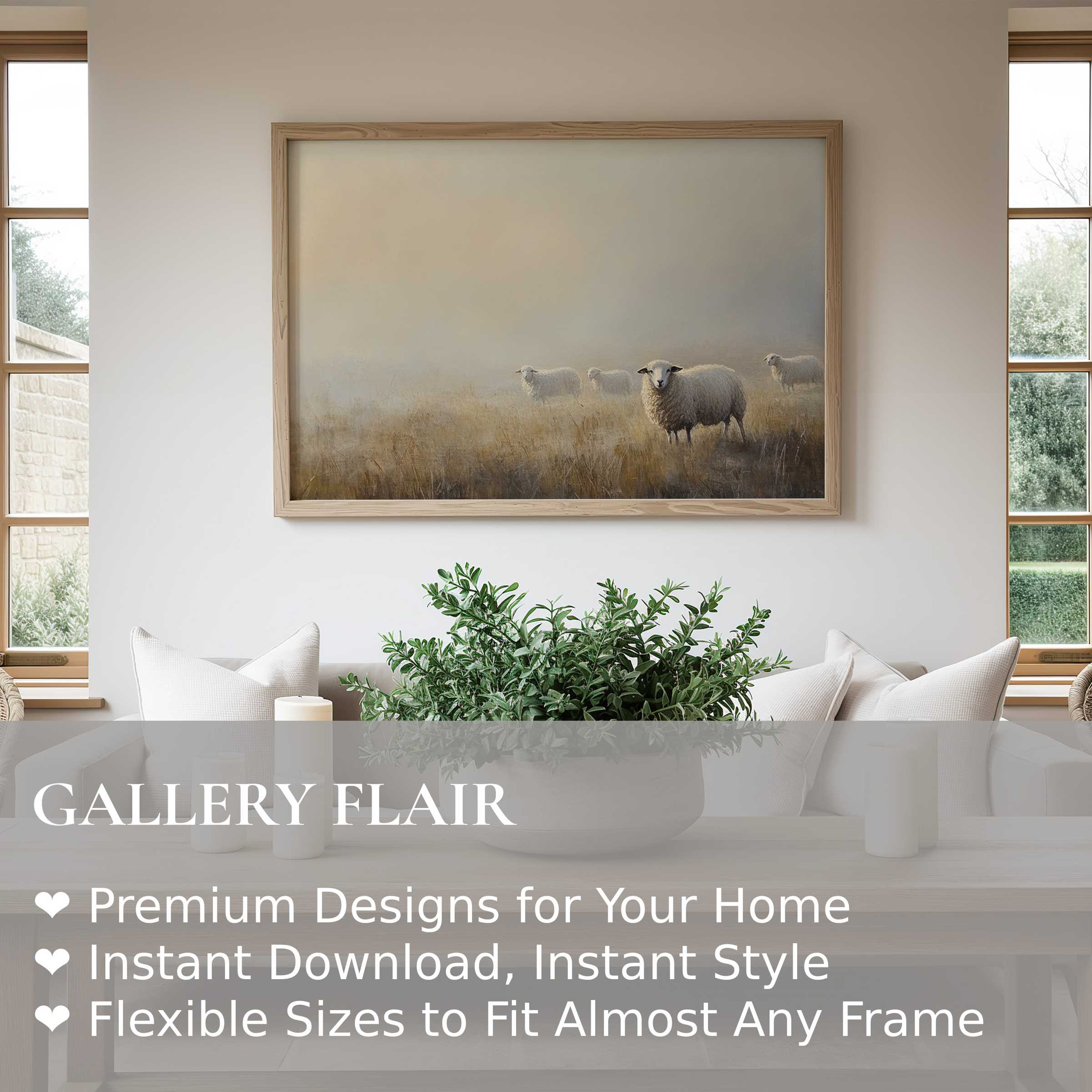 Farmhouse wall art print of serene sheep in misty fields, enhancing modern rustic interiors with calming, natural elegance