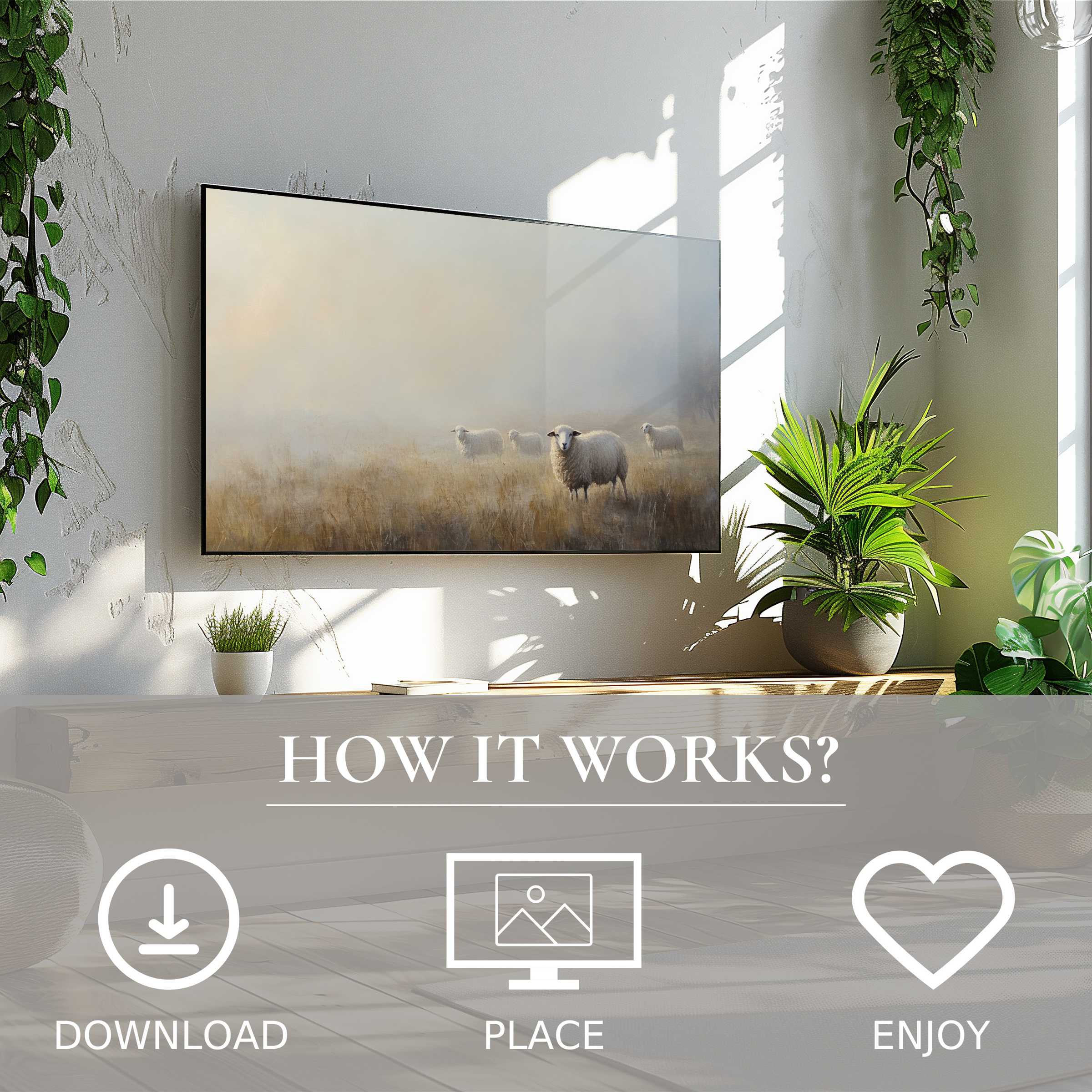 Farmhouse art for Samsung TV shows soft misty tones with sheep, easy digital download enriches calm, green living space