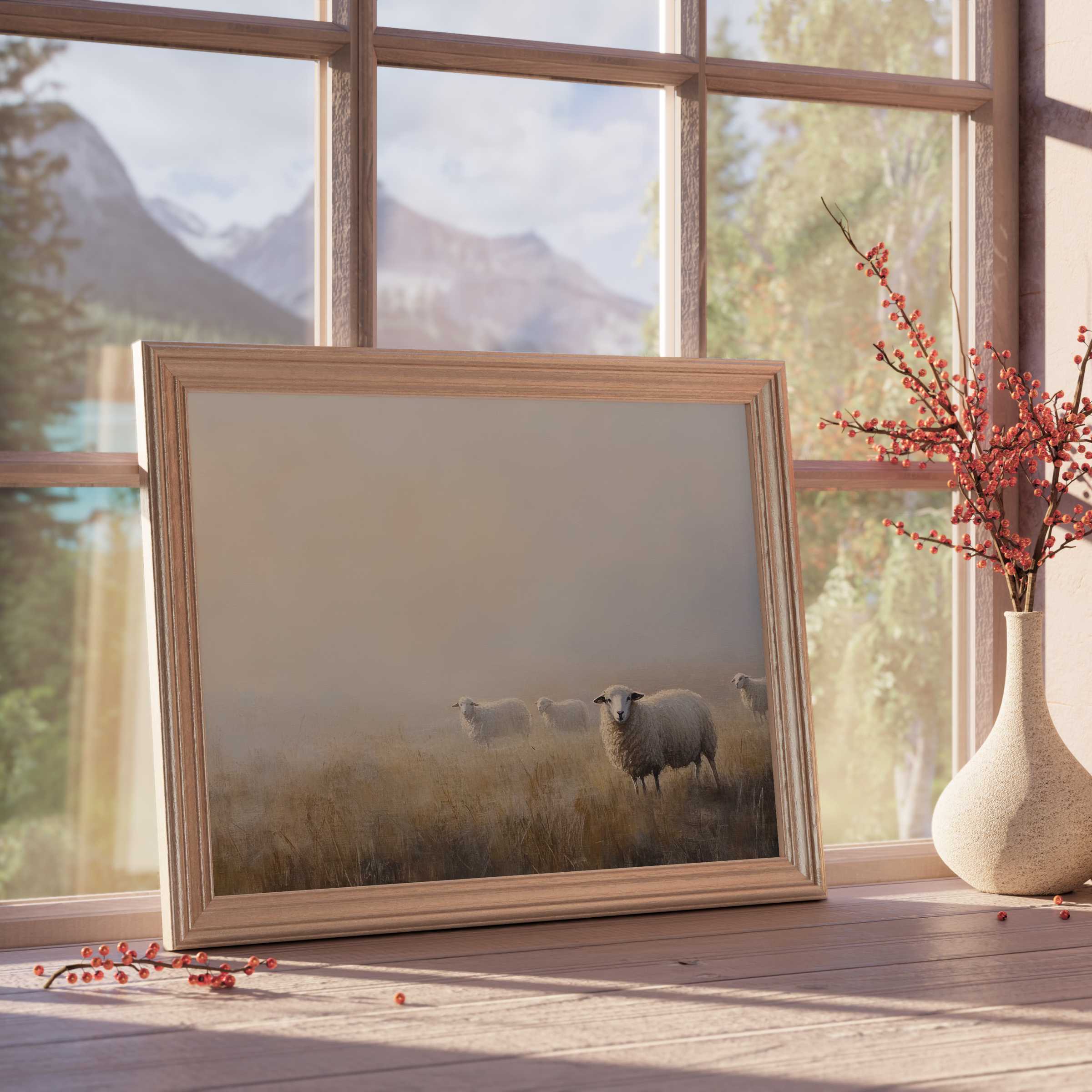 Serene farmhouse downloadable art featuring softly lit sheep in misty fields, elevating tranquil, curated rustic interiors with warm, natural elegance