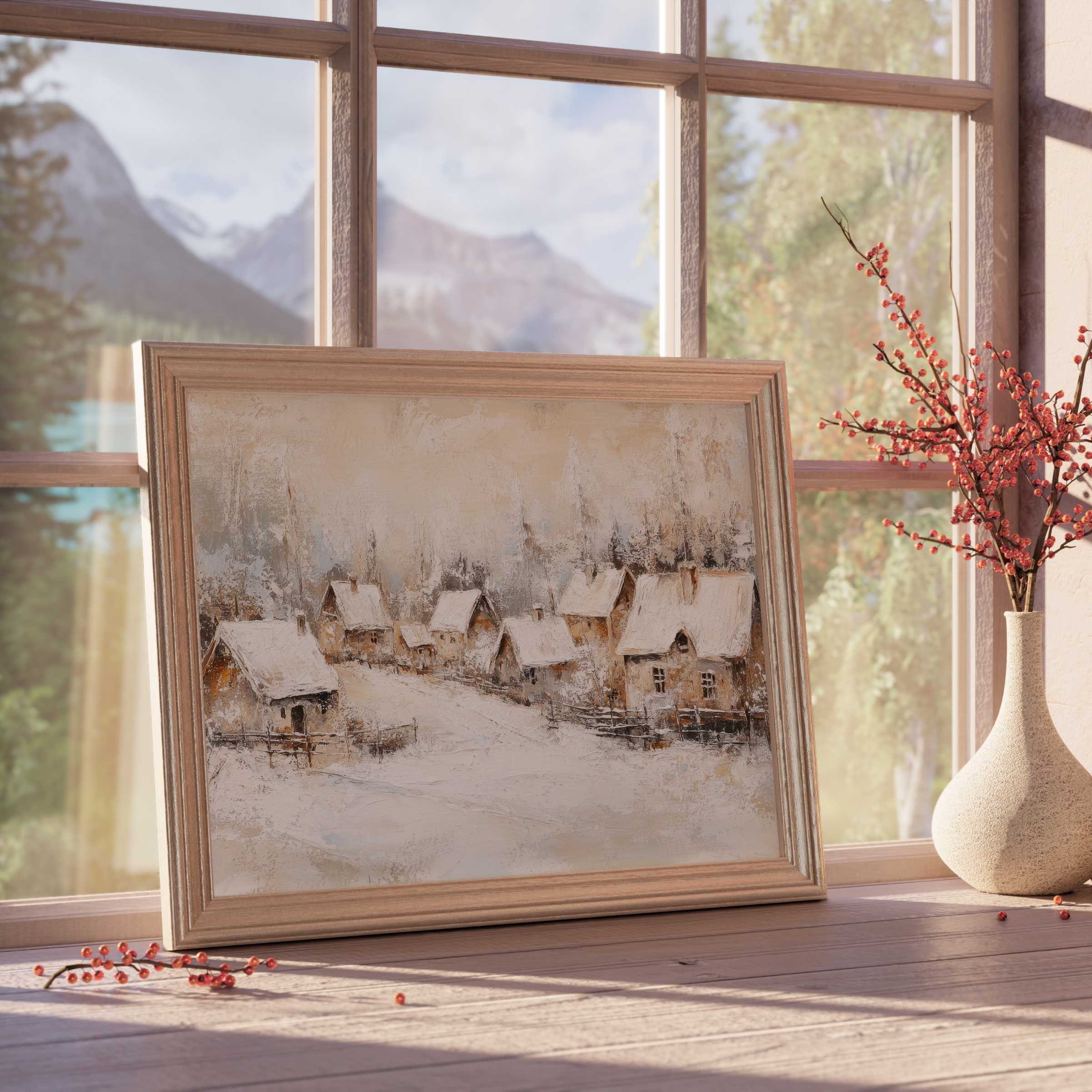 Vintage downloadable art capturing a serene snowy village scene, perfect for elevating tranquil, curated interiors