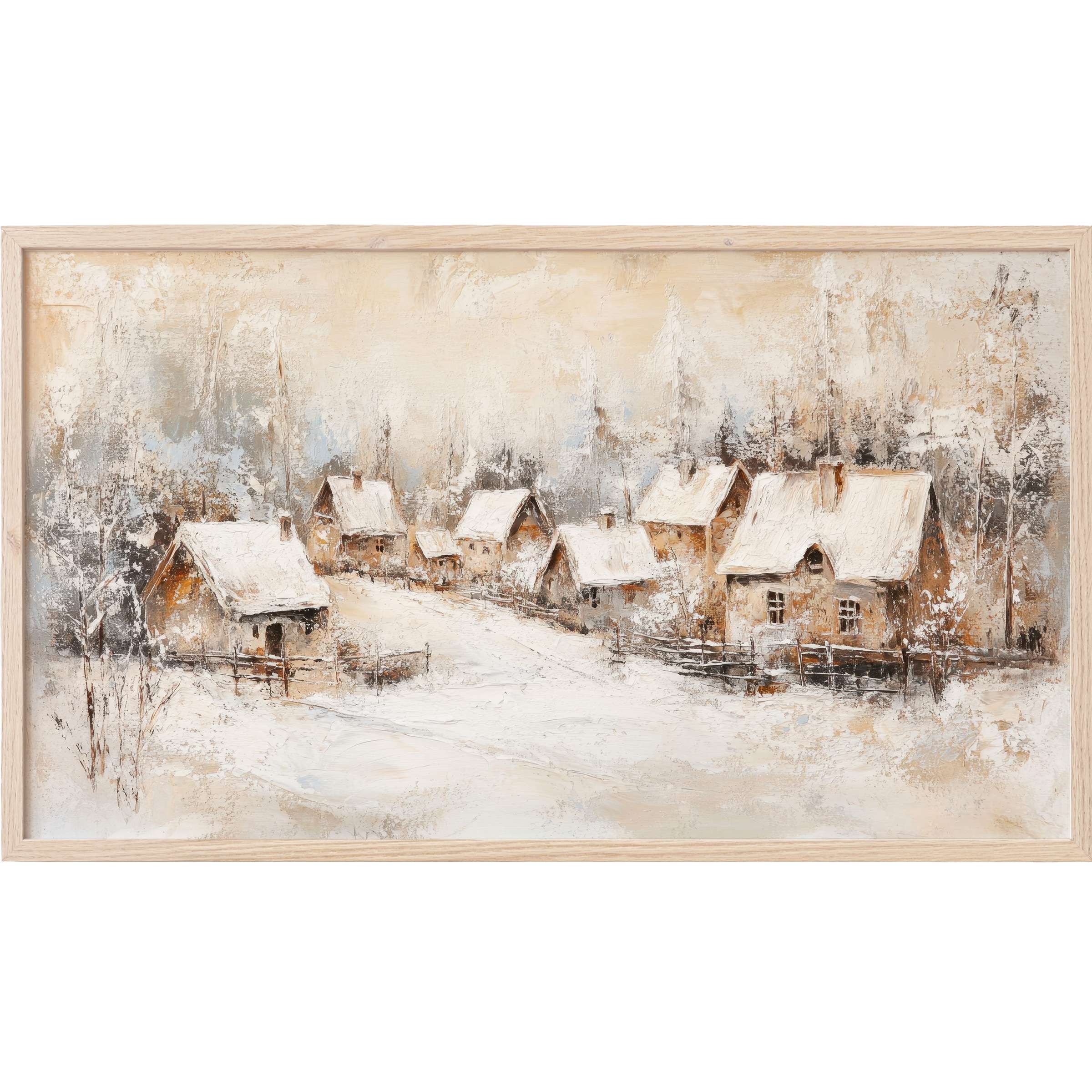 Winter village scene in muted earth tones and creams, textured brushstrokes in vintage Frame TV Art style
