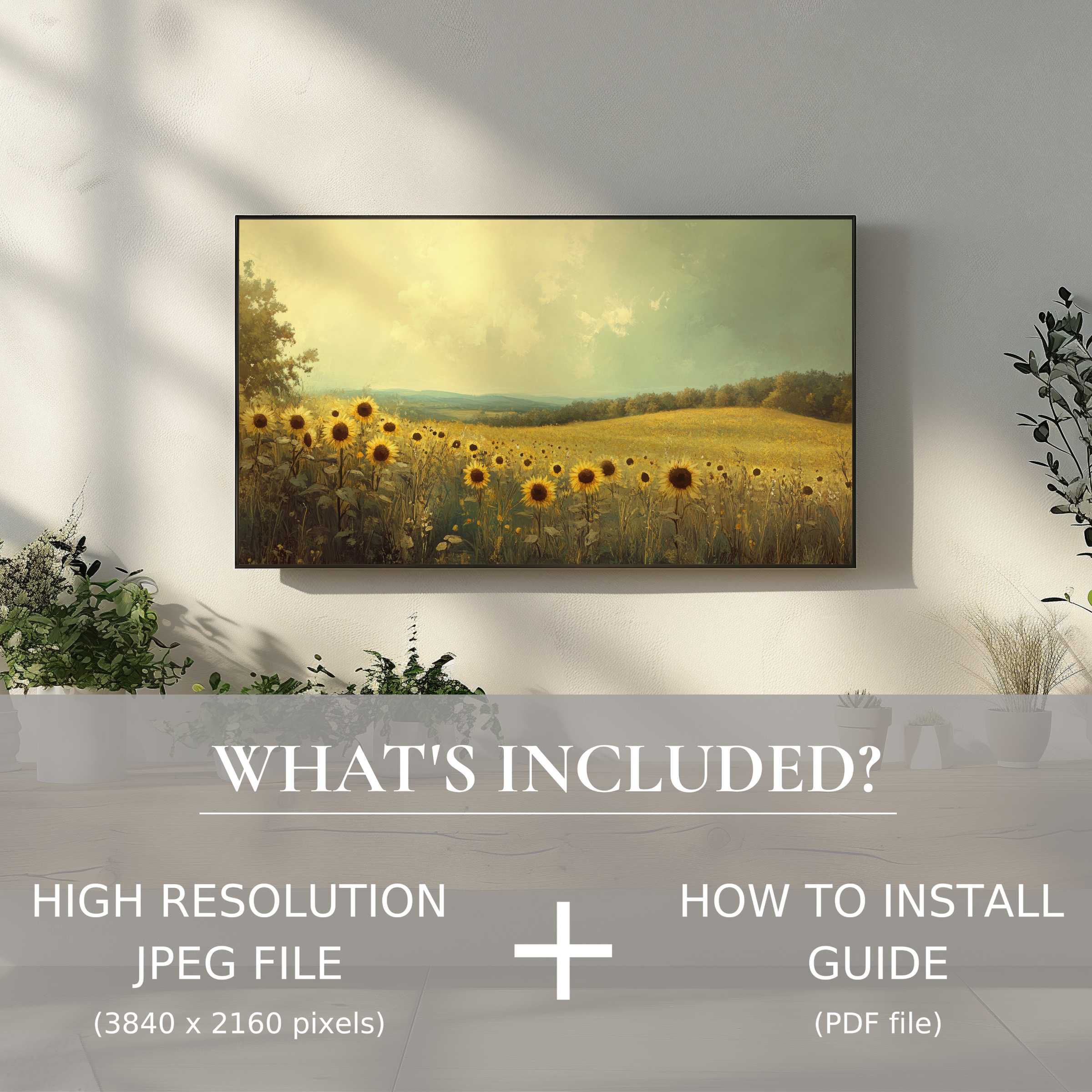 Elegant summer digital TV art download of sunflower fields enhances living spaces with effortless digital style