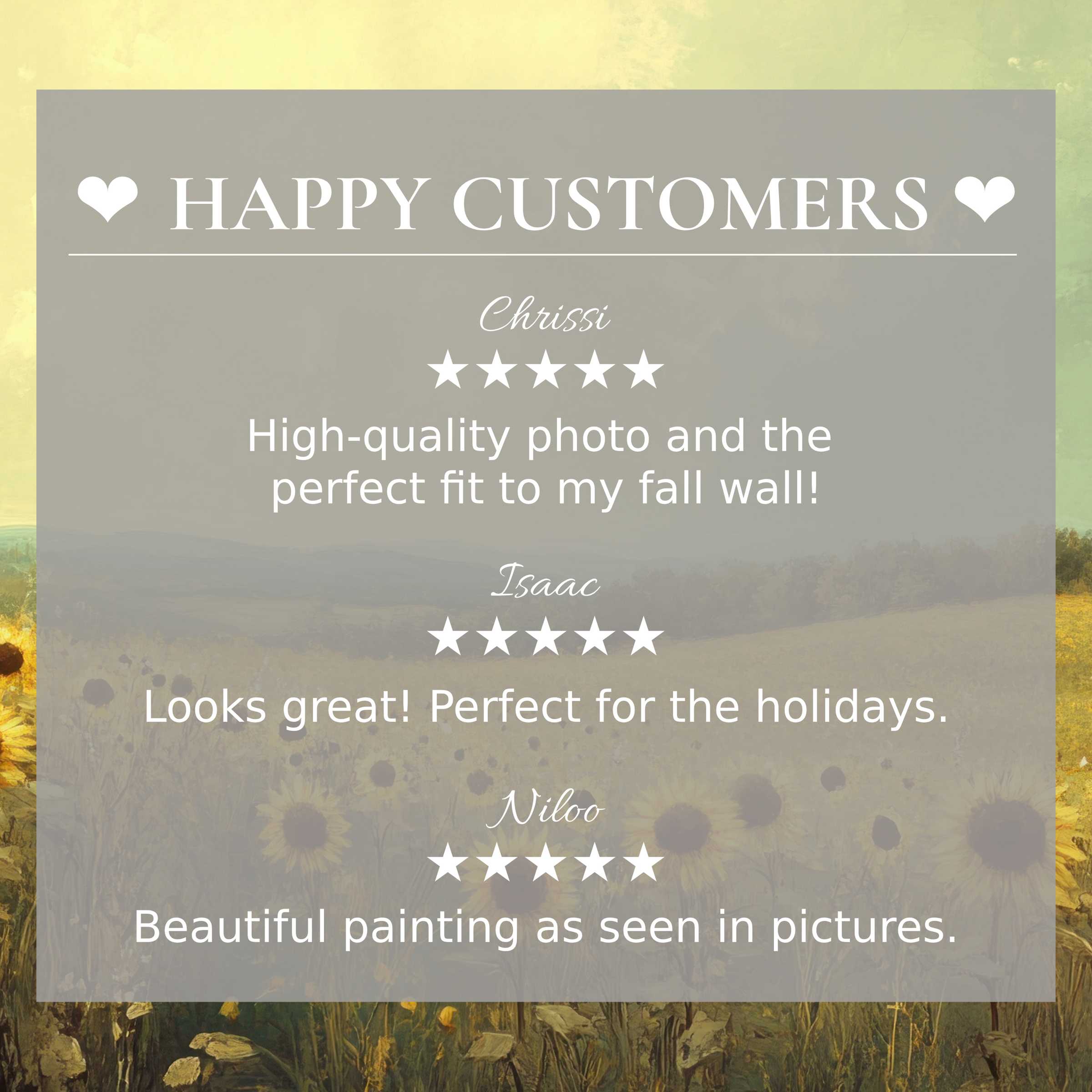Elegant sunflower field art overlays positive reviews, inspiring trust and style with summer art for Frame TV & happy customer