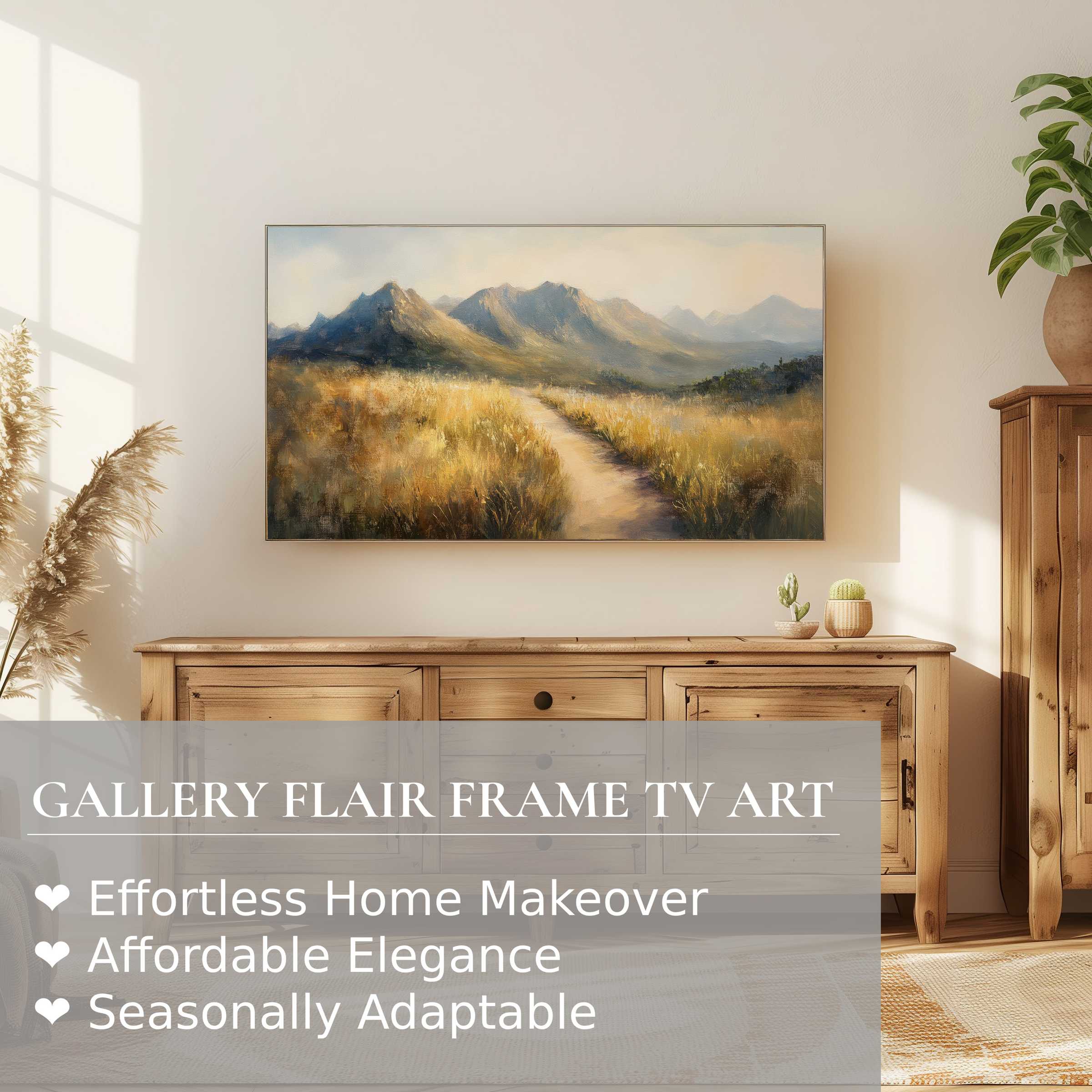 Elegant Samsung Frame TV displaying warm-toned landscape digital artwork in a modern, serene living space