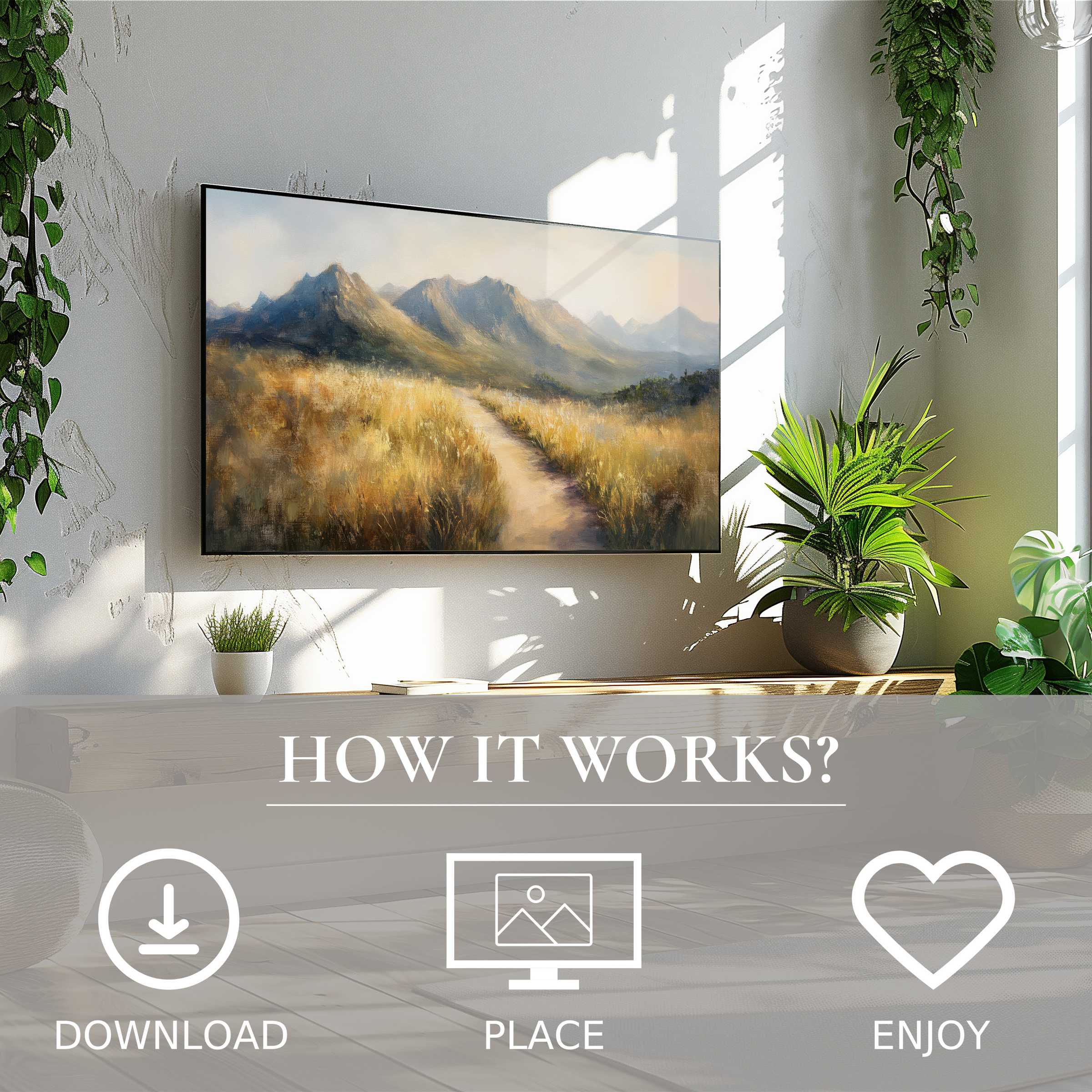 Landscape art for Samsung TV shows a serene mountain path in soft sunrise tones, easy digital download enriching spaces