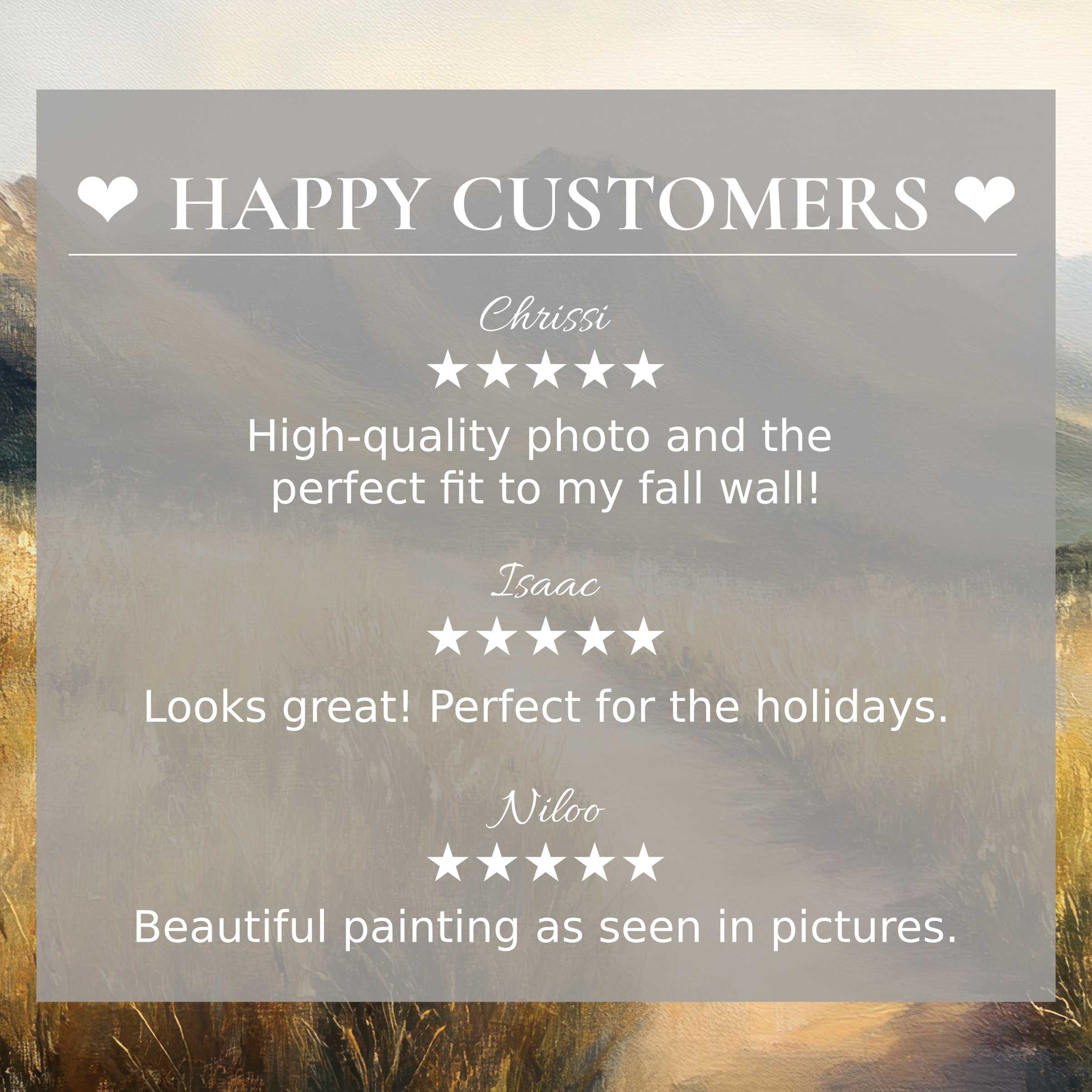 Elegant landscape art for Frame TV with abstract sunset tones, showcasing a happy customer trust-building review layout