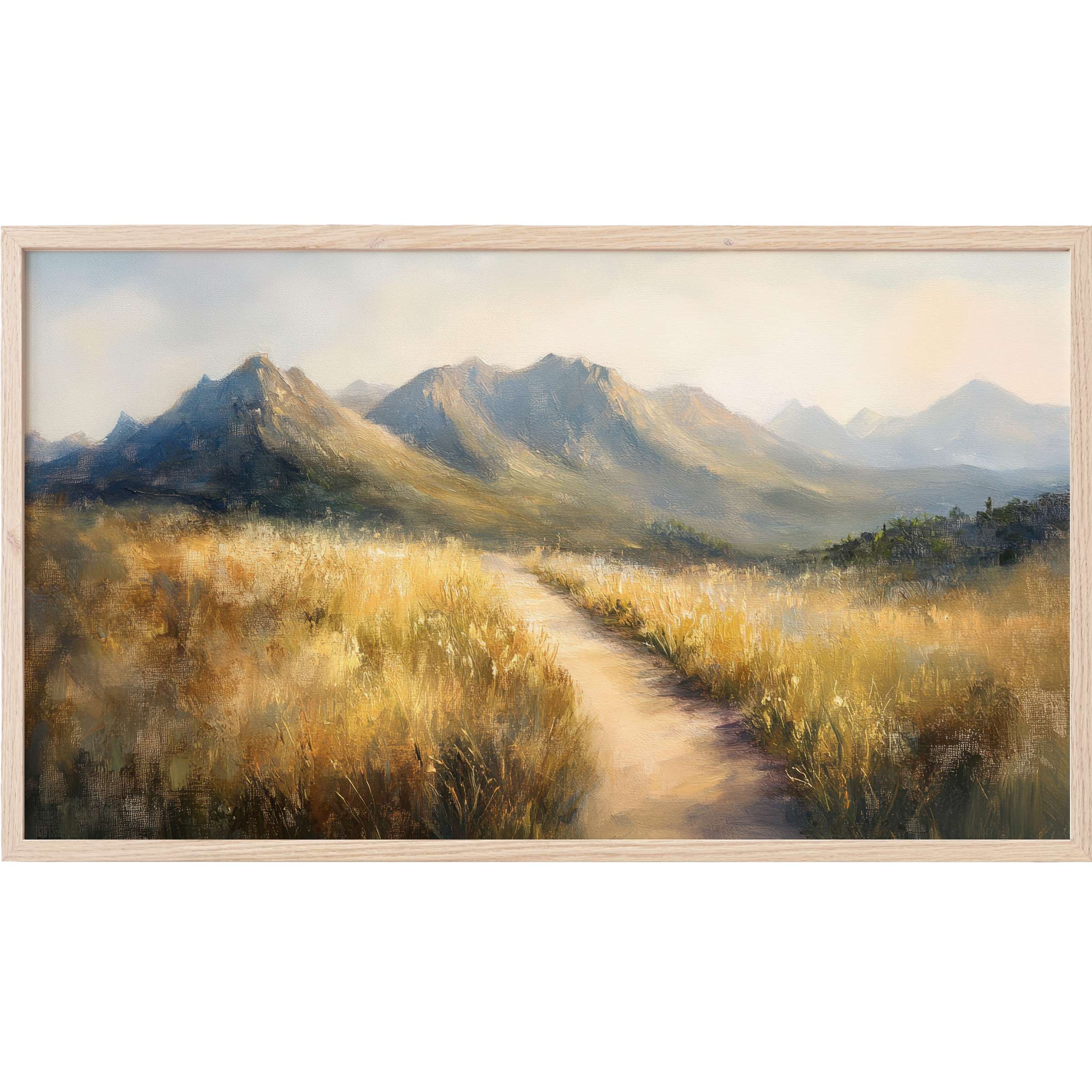 Softly lit path through golden fields leading to hazy mountains in an elegant landscape Frame TV Art