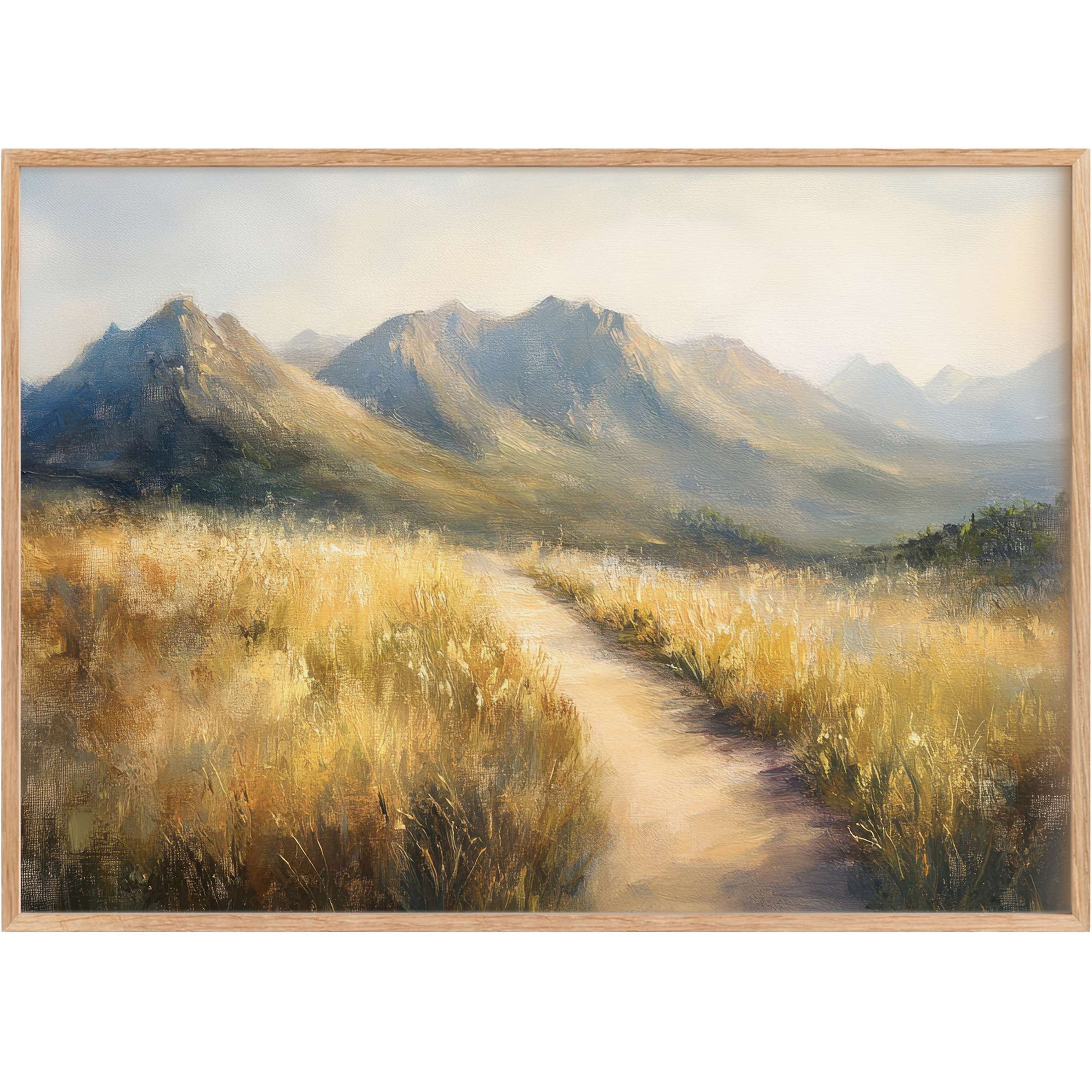 Golden fields and misty blue mountains create a calming, sunlit atmosphere in this refined landscape printable wall art
