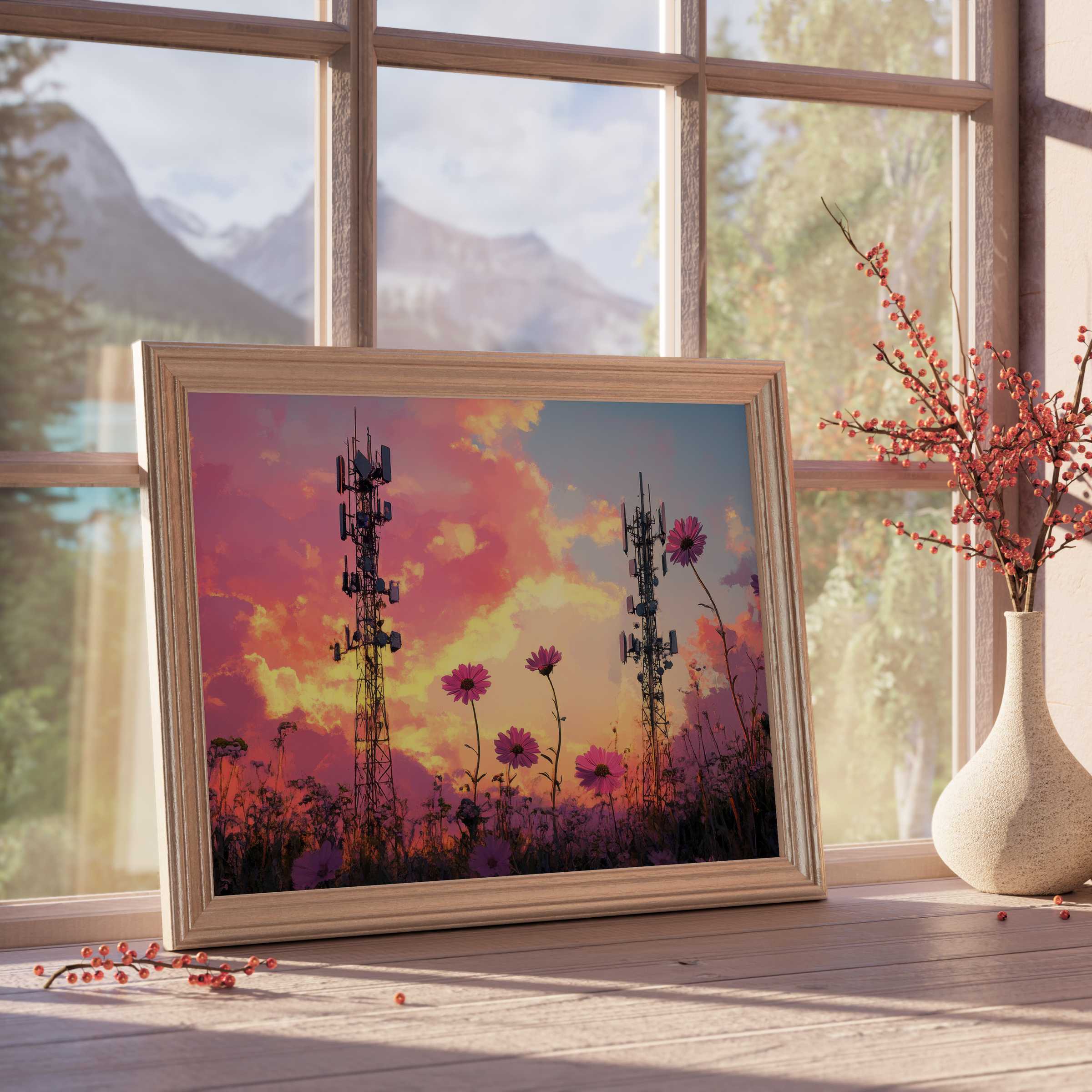 Street art downloadable art blending urban silhouettes with vibrant florals, infusing serene warmth into curated, design-forward interiors