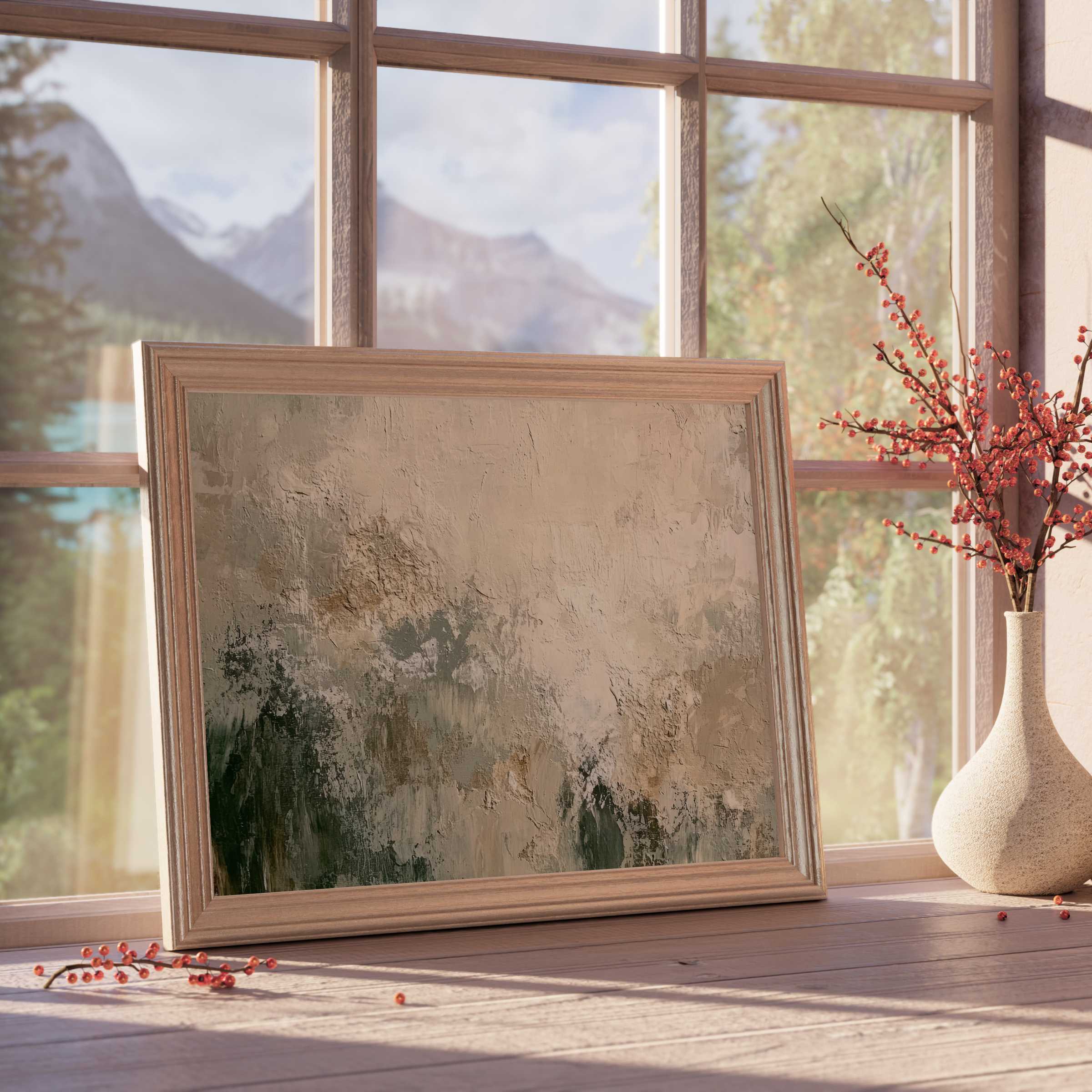 Serene abstract downloadable art in soft earthy tones, elevating tranquil, design-forward interiors with textured elegance and natural warmth