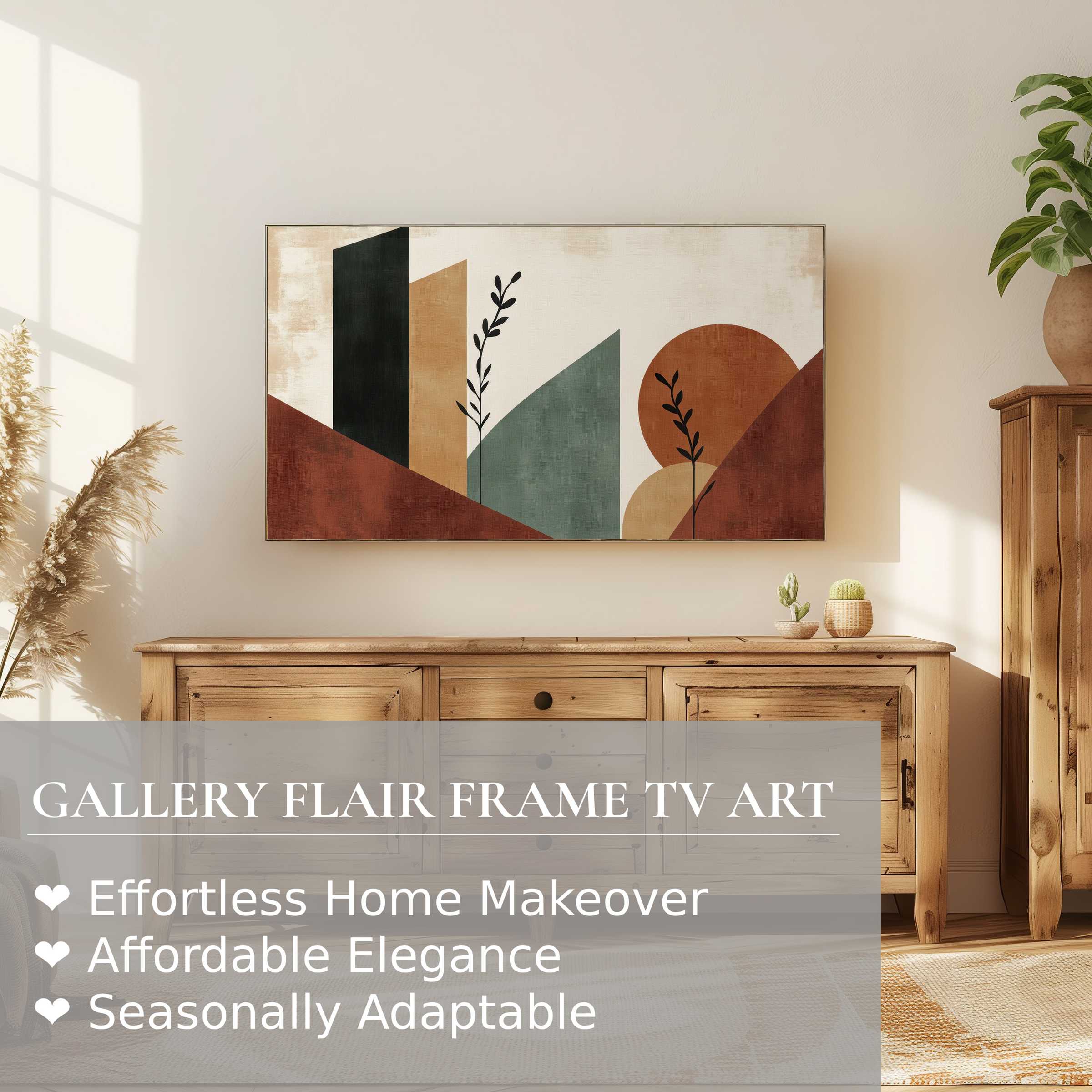 Samsung Frame TV displaying modern digital artwork with warm earth tones in a stylish, serene living space