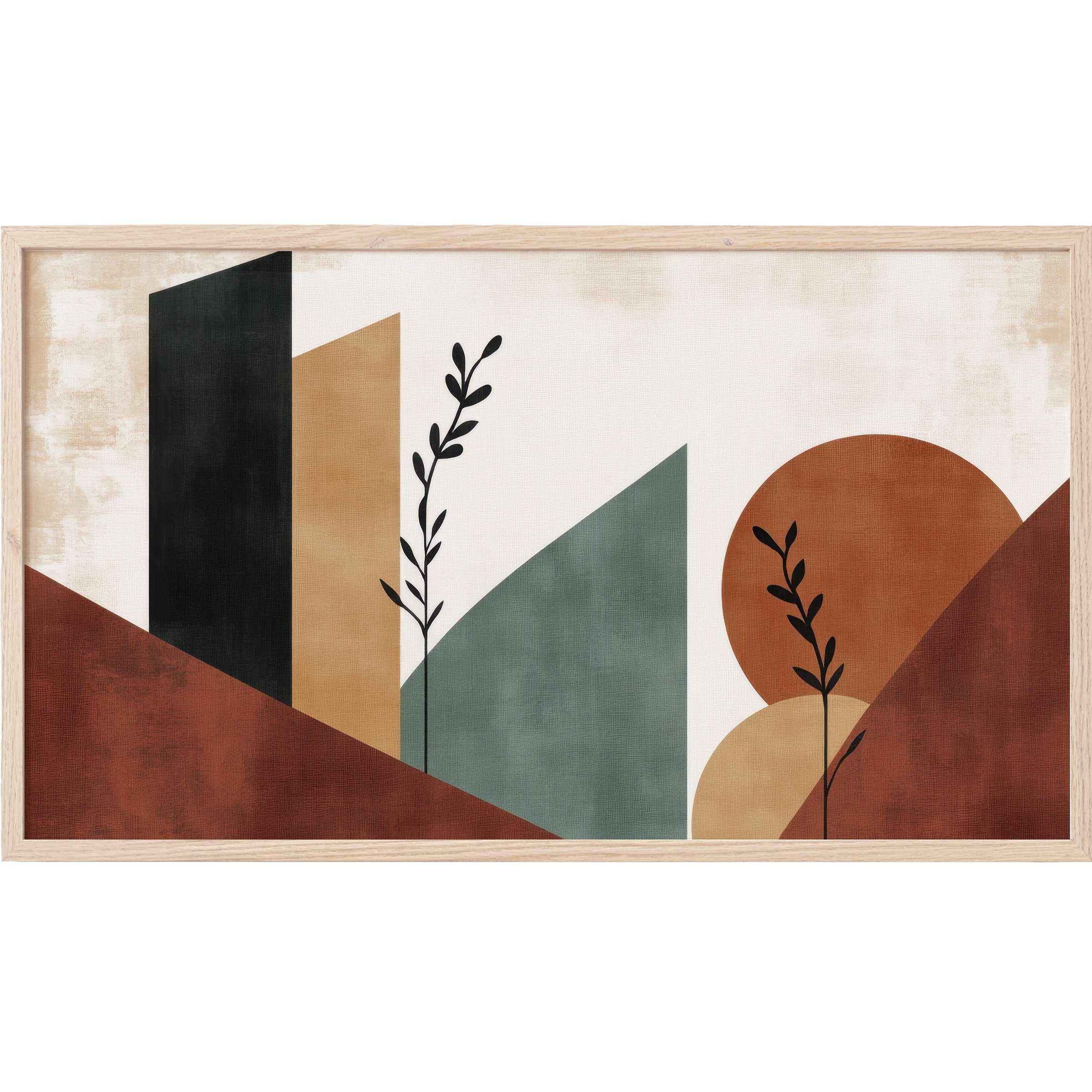 Elegant modern Frame TV Art with earthy tones, abstract geometric shapes, and minimalist black leaf silhouettes