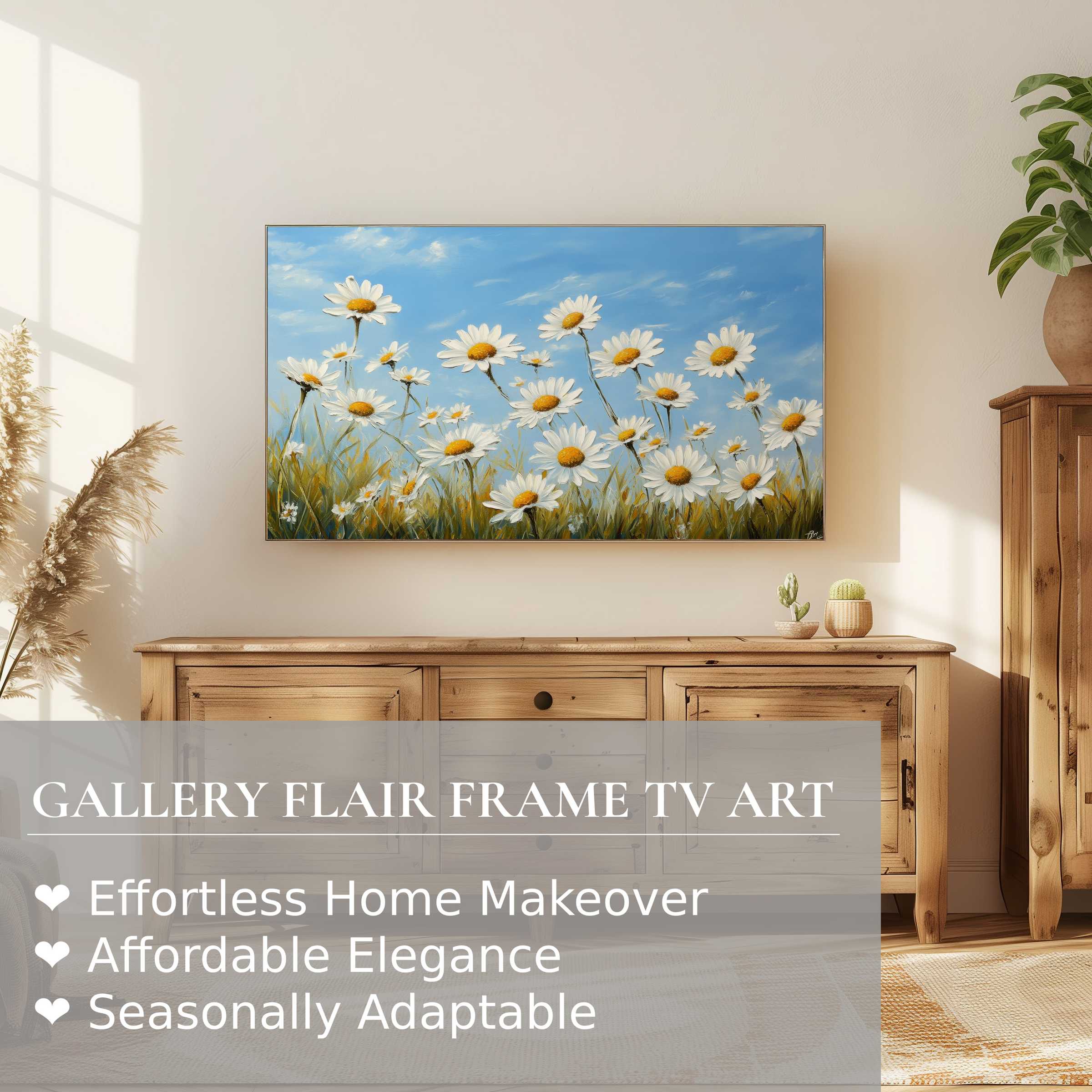 Samsung Frame TV displays bright floral digital artwork of daisies, blending modern elegance with natural warmth
