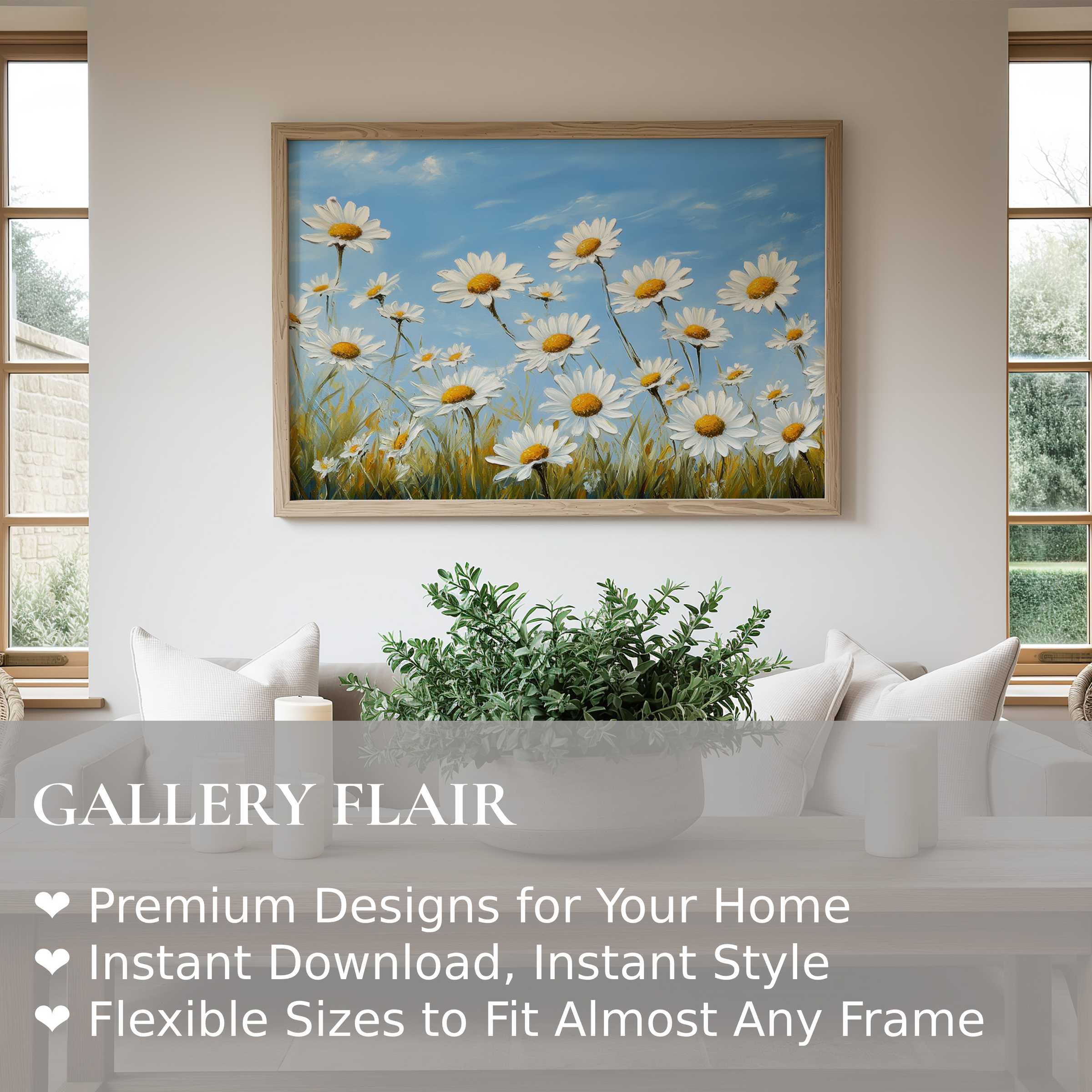Radiant floral wall art print featuring sunlit daisies against a serene blue sky, enhancing modern minimalist interiors with fresh, calming elegance