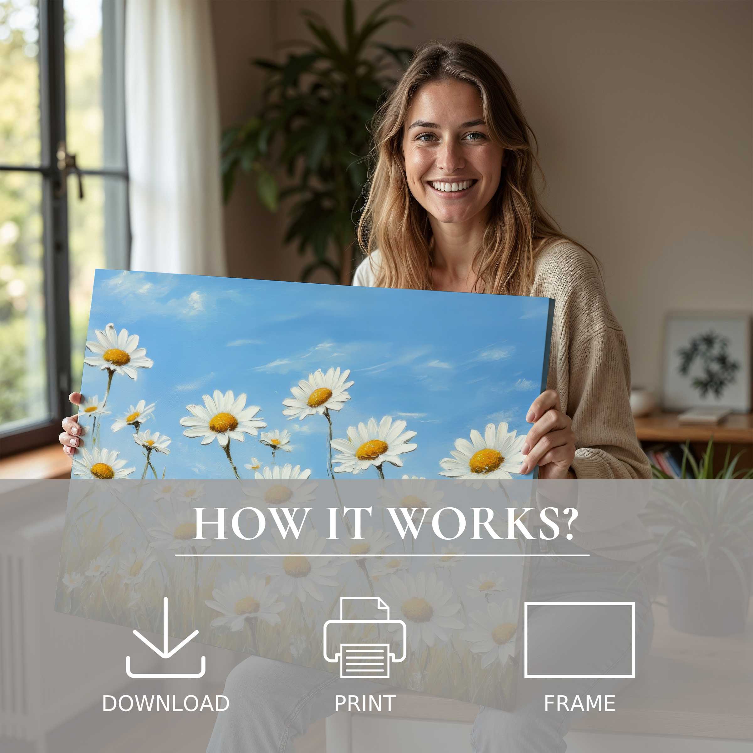 Joyful moment in a modern home embracing floral digital art print-serene daisies brighten space with effortless elegance