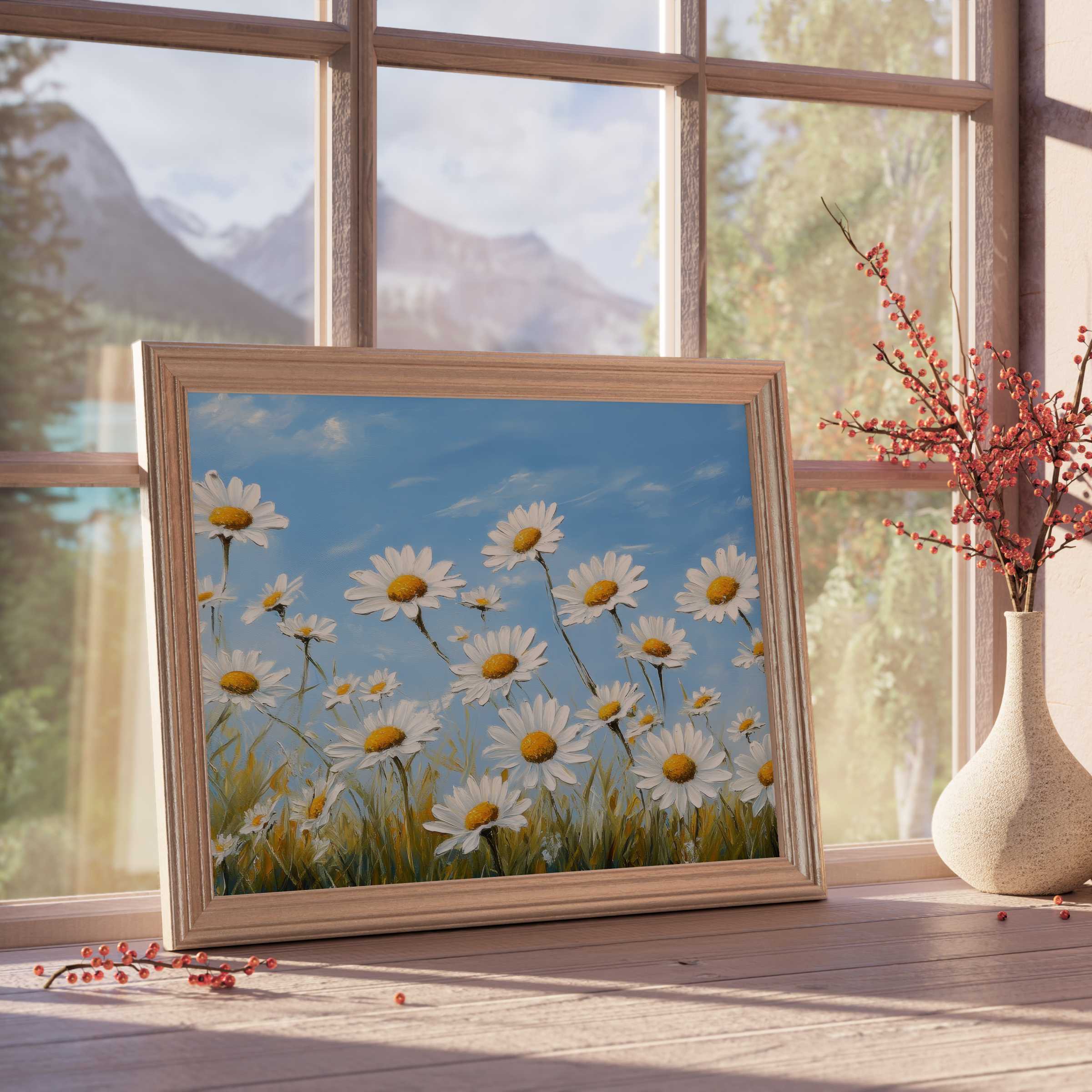 Floral downloadable art capturing sunlit daisies against a serene sky, elevating tranquil, nature-inspired modern interiors