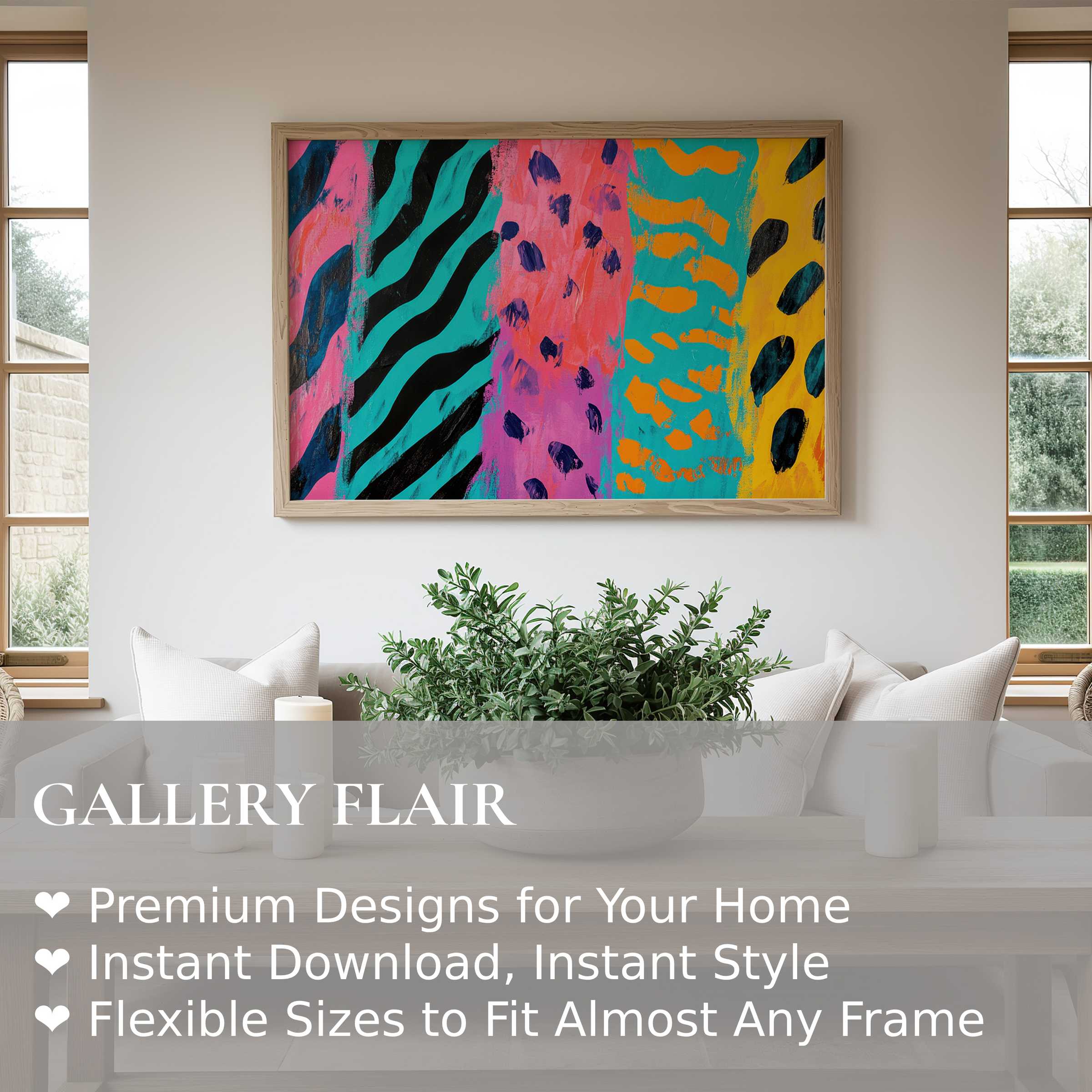 Vibrant pop art wall art print with bold animal patterns in teal, pink, and orange, energizing a modern, serene living room