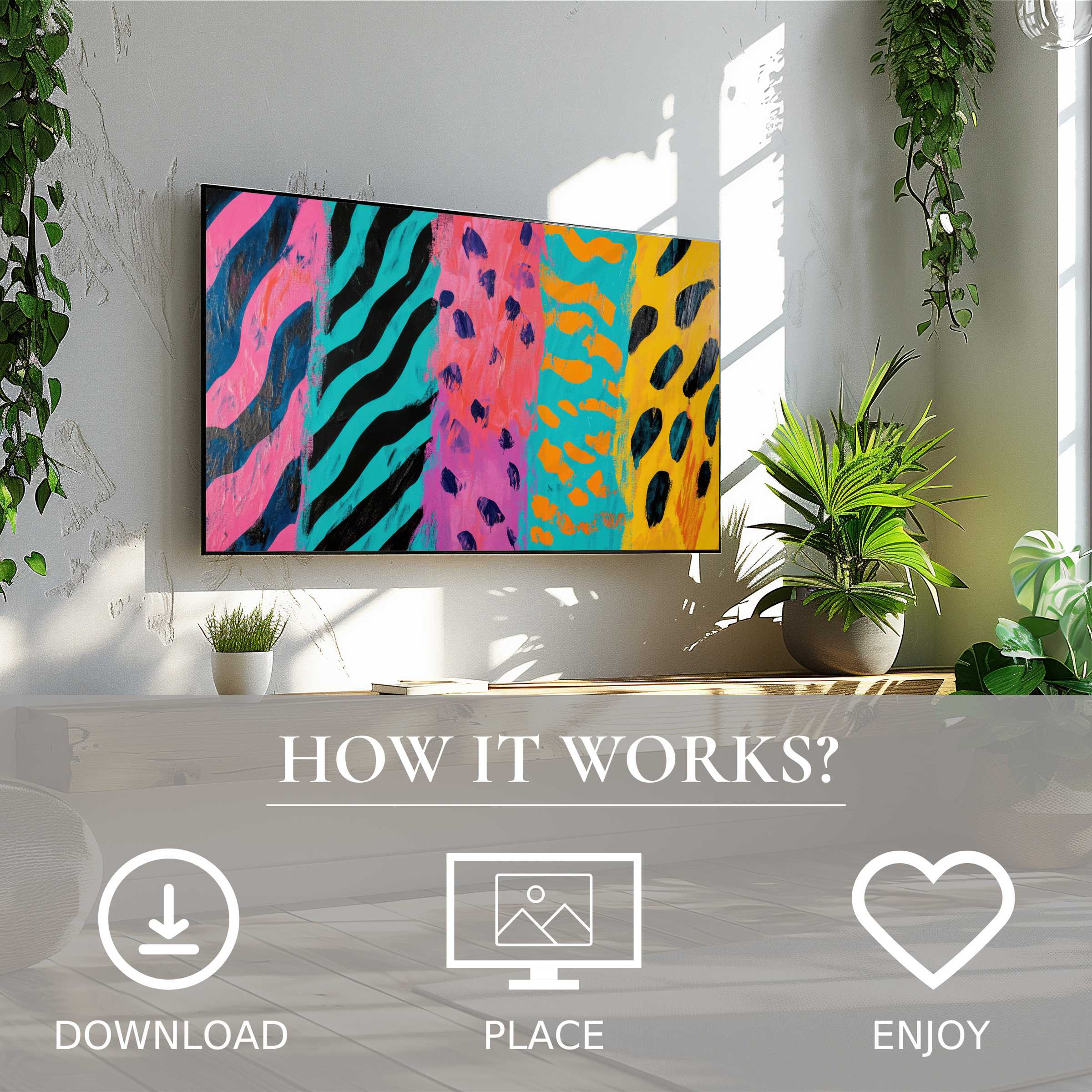 Pop art art for Samsung TV with vibrant color flow, easy digital download, enriching sleek modern living spaces