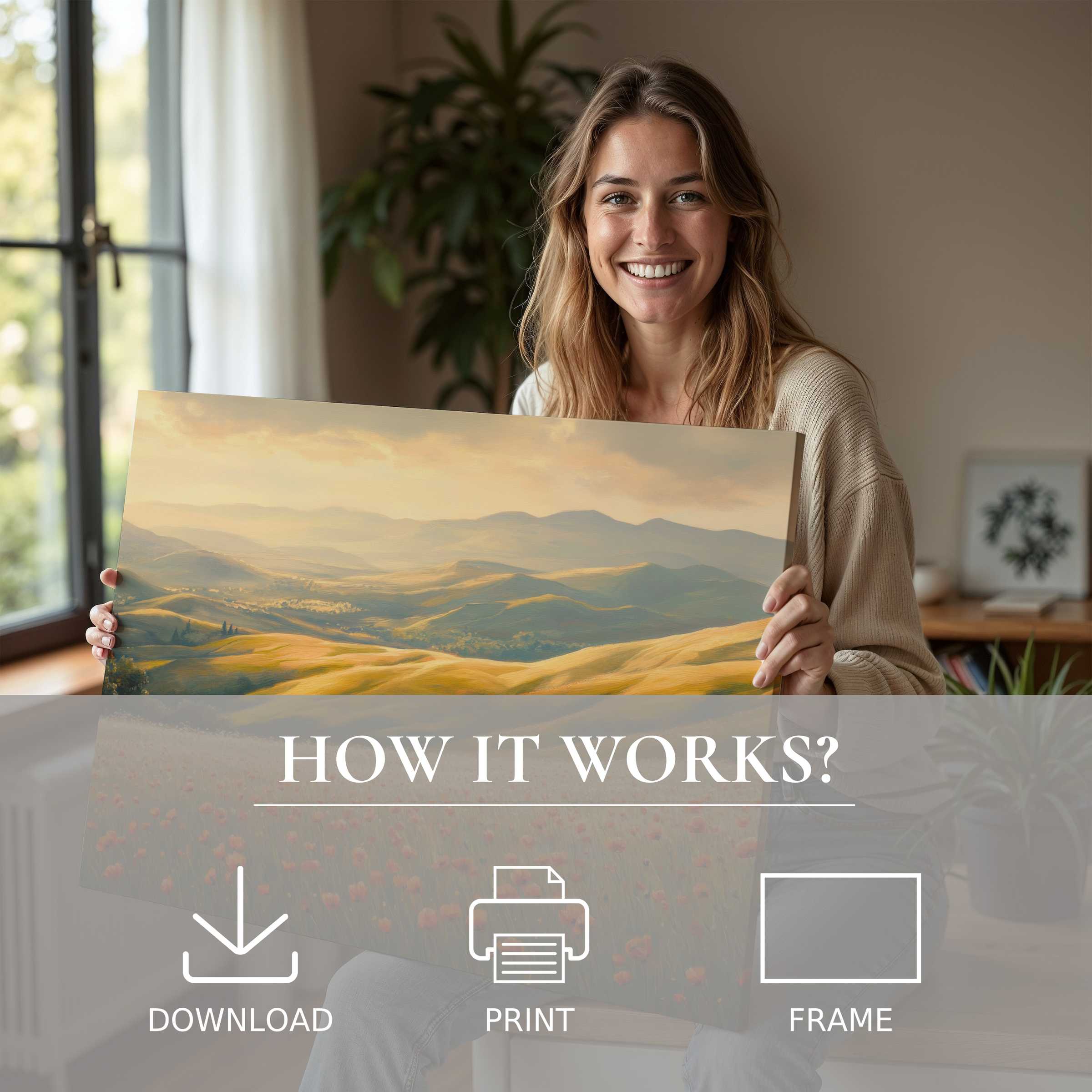 Radiant joy illuminates a modern home as spring digital art print transforms space with serene, golden-hued landscapes