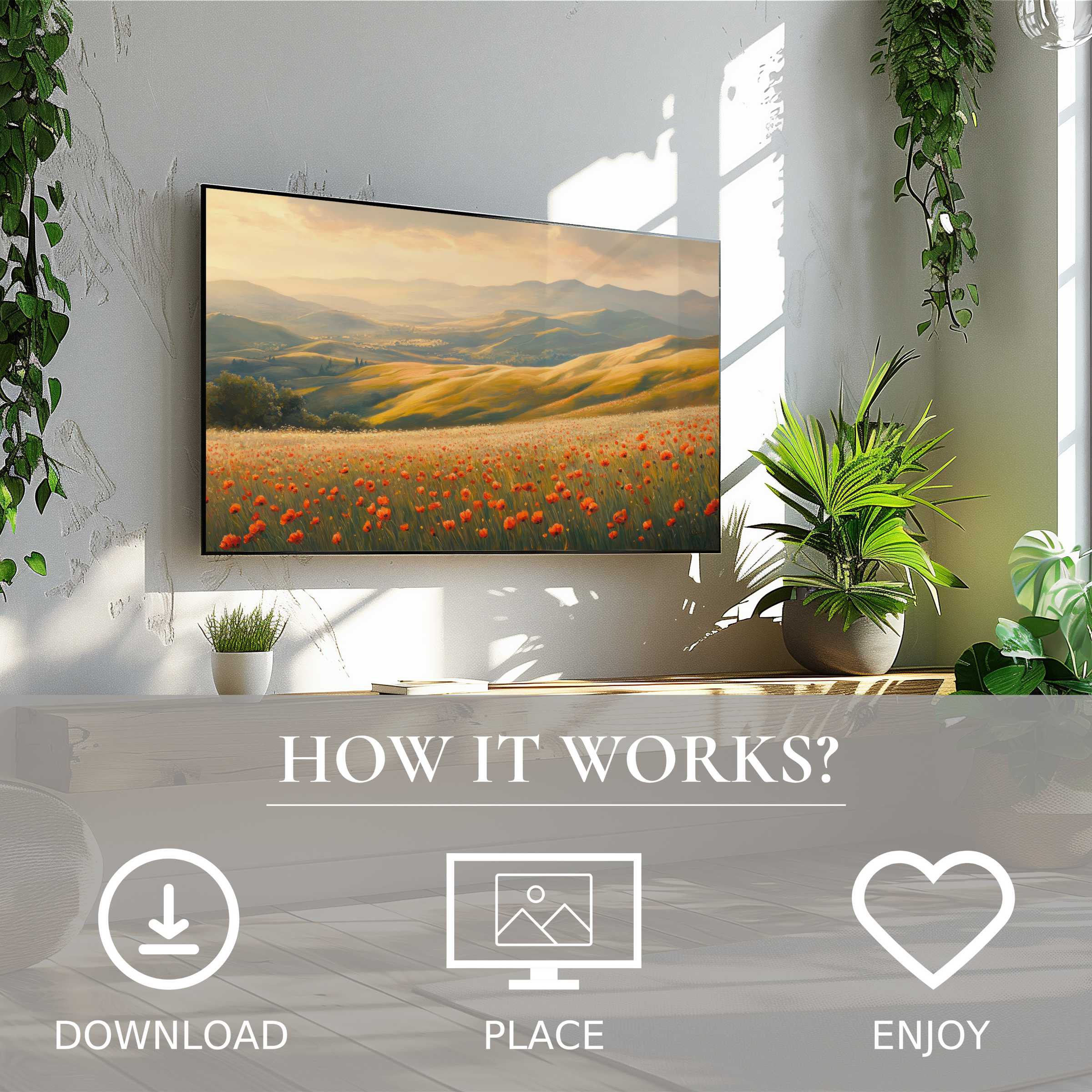 Spring art for Samsung TV shows warm rolling hills with red poppies, easy digital download enriches modern living spaces