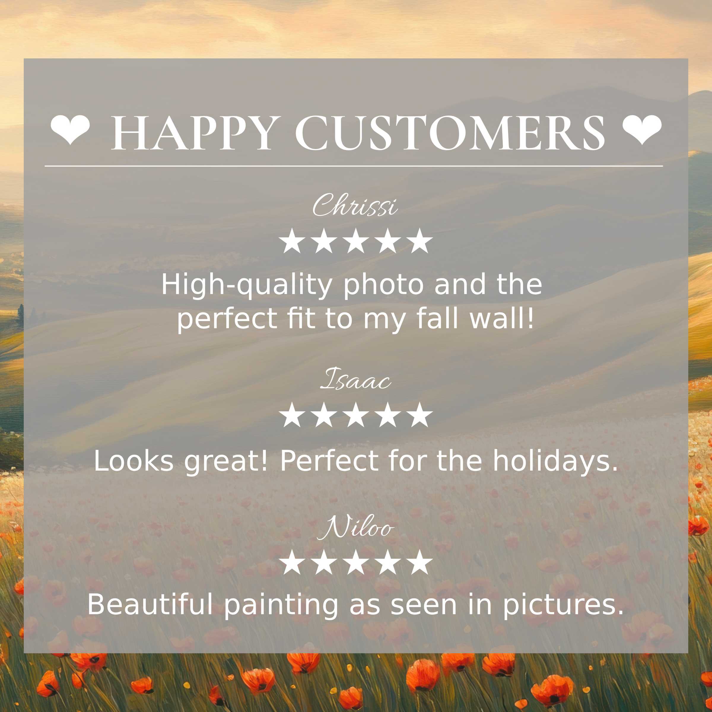 Positive reviews from happy customer highlight spring art for Frame TV with elegant poppy field backdrop
