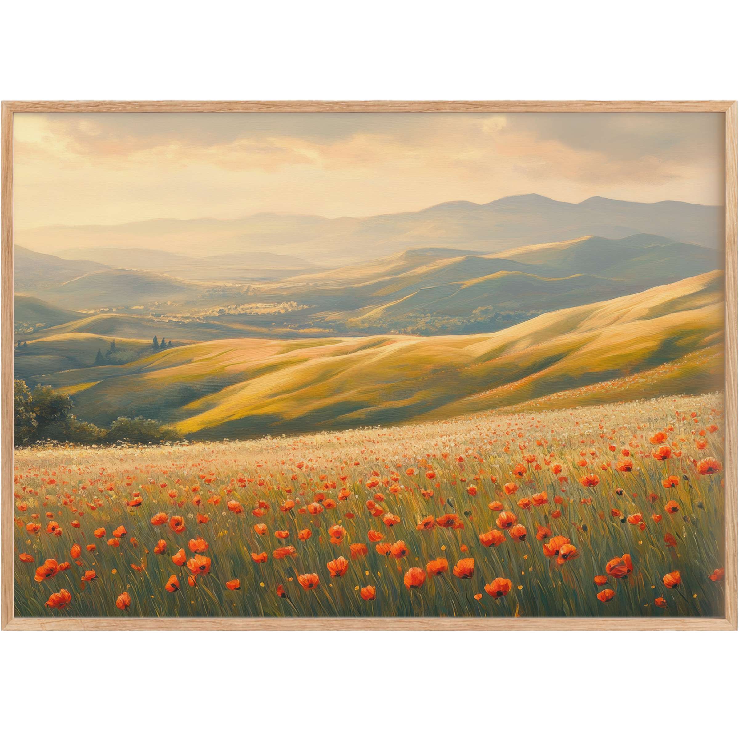 Radiant spring printable wall art featuring golden hills and vibrant poppies, evoking warmth and serene elegance in any space