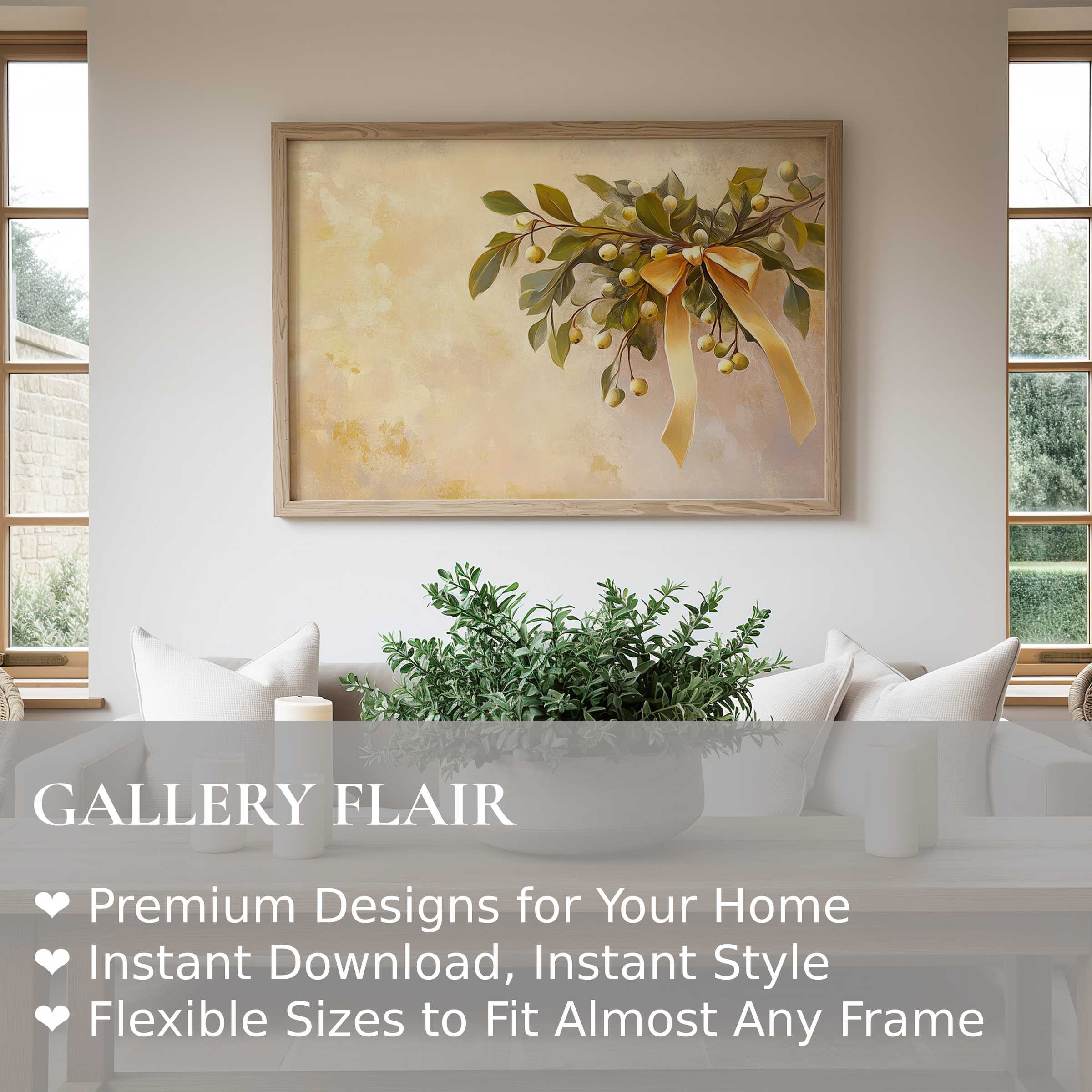 Elegant Christmas wall art print featuring soft golden foliage and ribbon, enhancing modern minimalist interiors with warm, festive charm