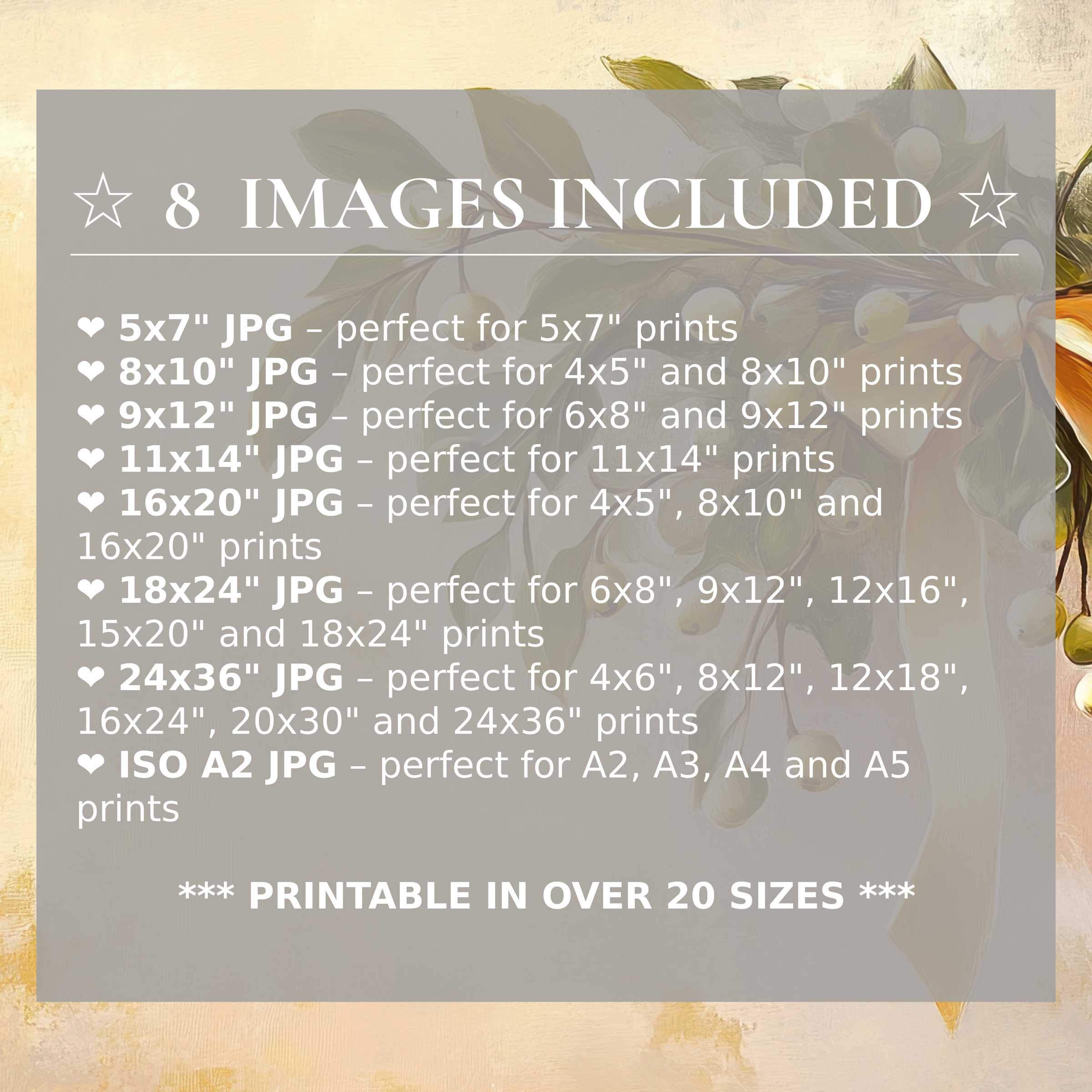 Luxurious Christmas digital print in warm gold and green hues, offering radiant elegance and calming charm in 8 included high-quality sizes, perfect for elevating sophisticated modern interiors with versatile style and a timeless festive glow