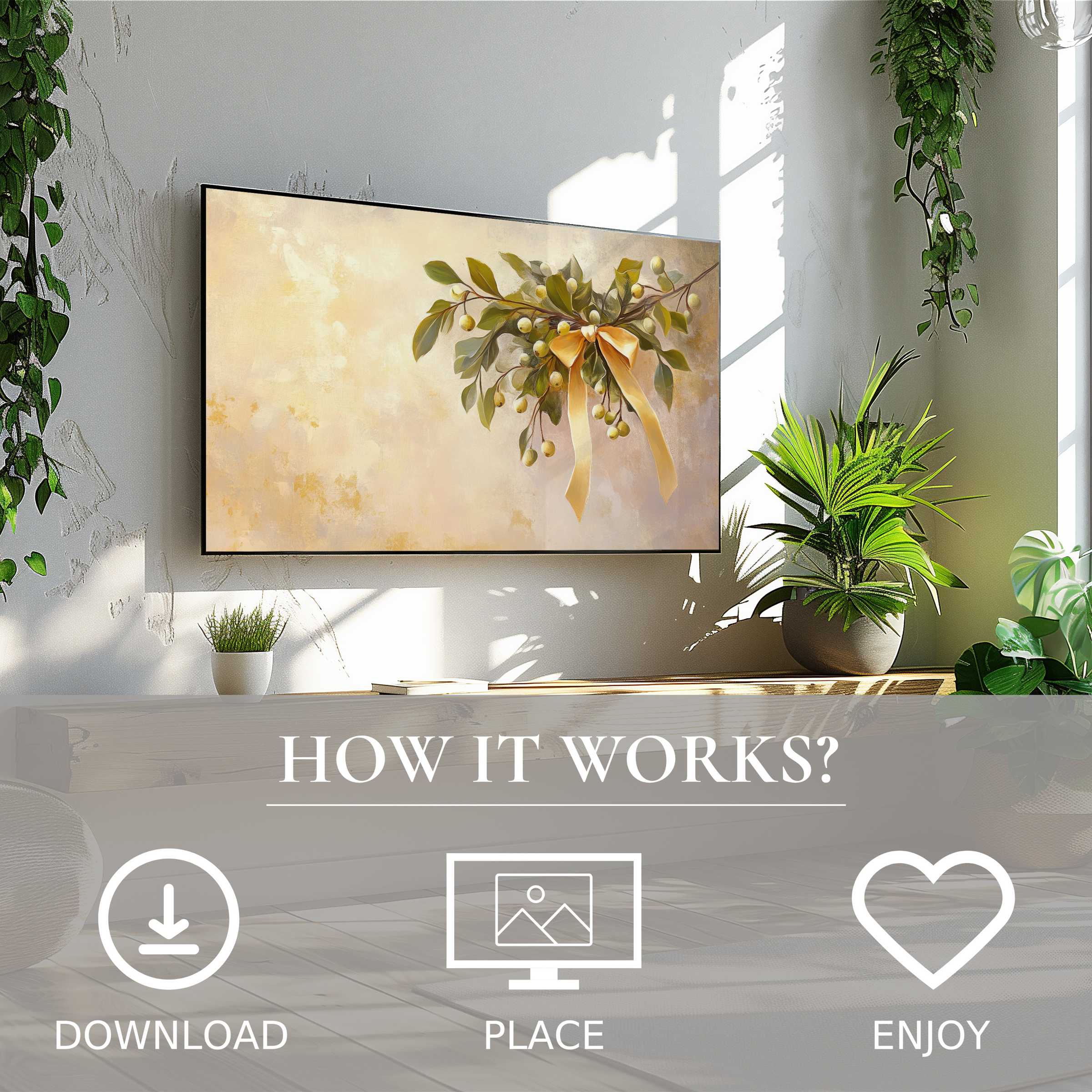 Modern living room with easy digital download; christmas art for Samsung TV shows warm mistletoe tones enriching space