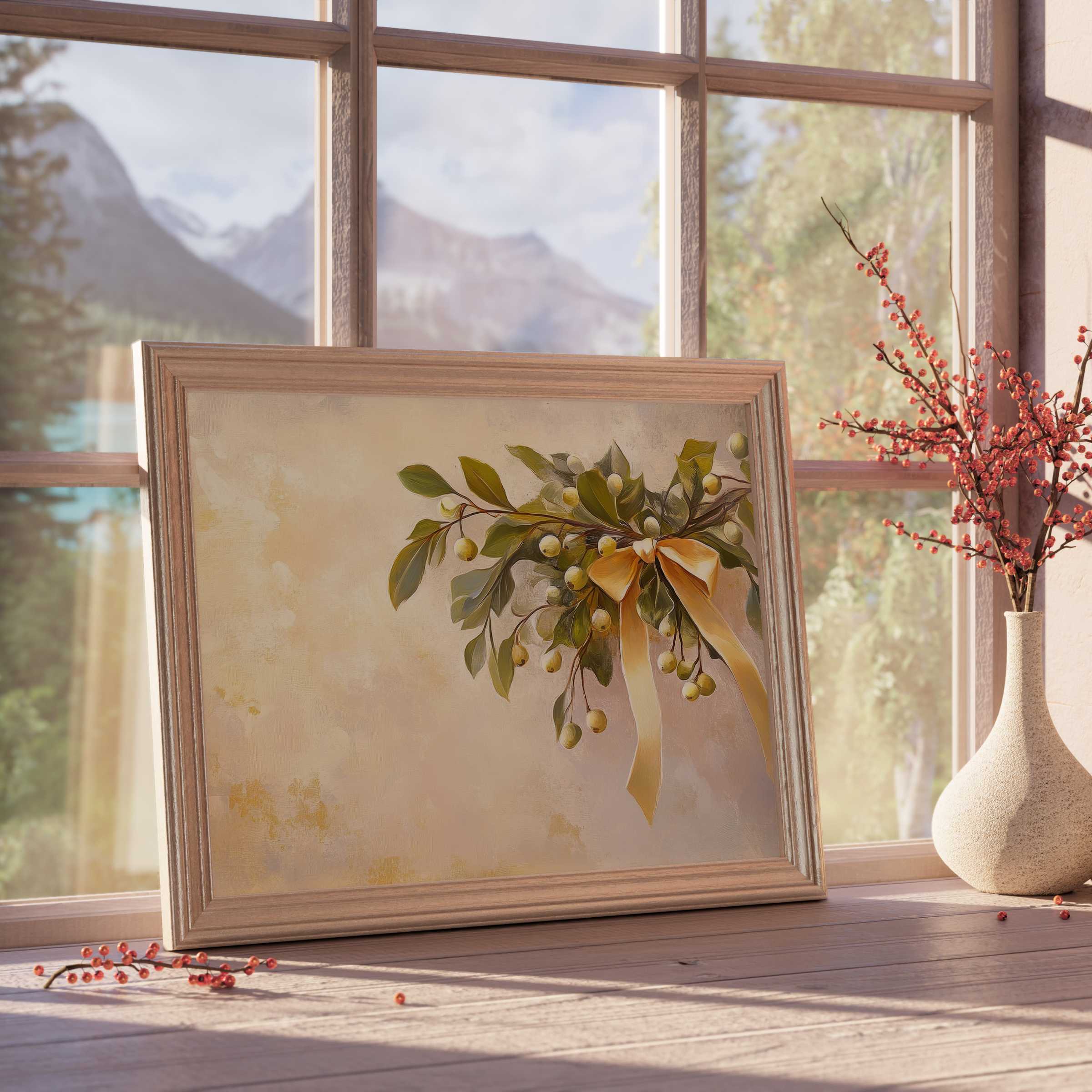 Christmas downloadable art featuring elegant mistletoe and golden ribbon, infusing warm, tranquil charm into refined, design-forward interiors