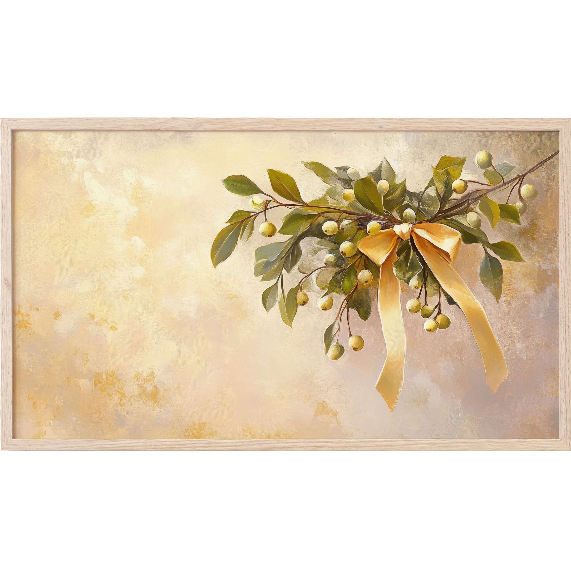 Elegant mistletoe branch with golden berries and ribbon, soft beige tones, refined christmas Frame TV Art